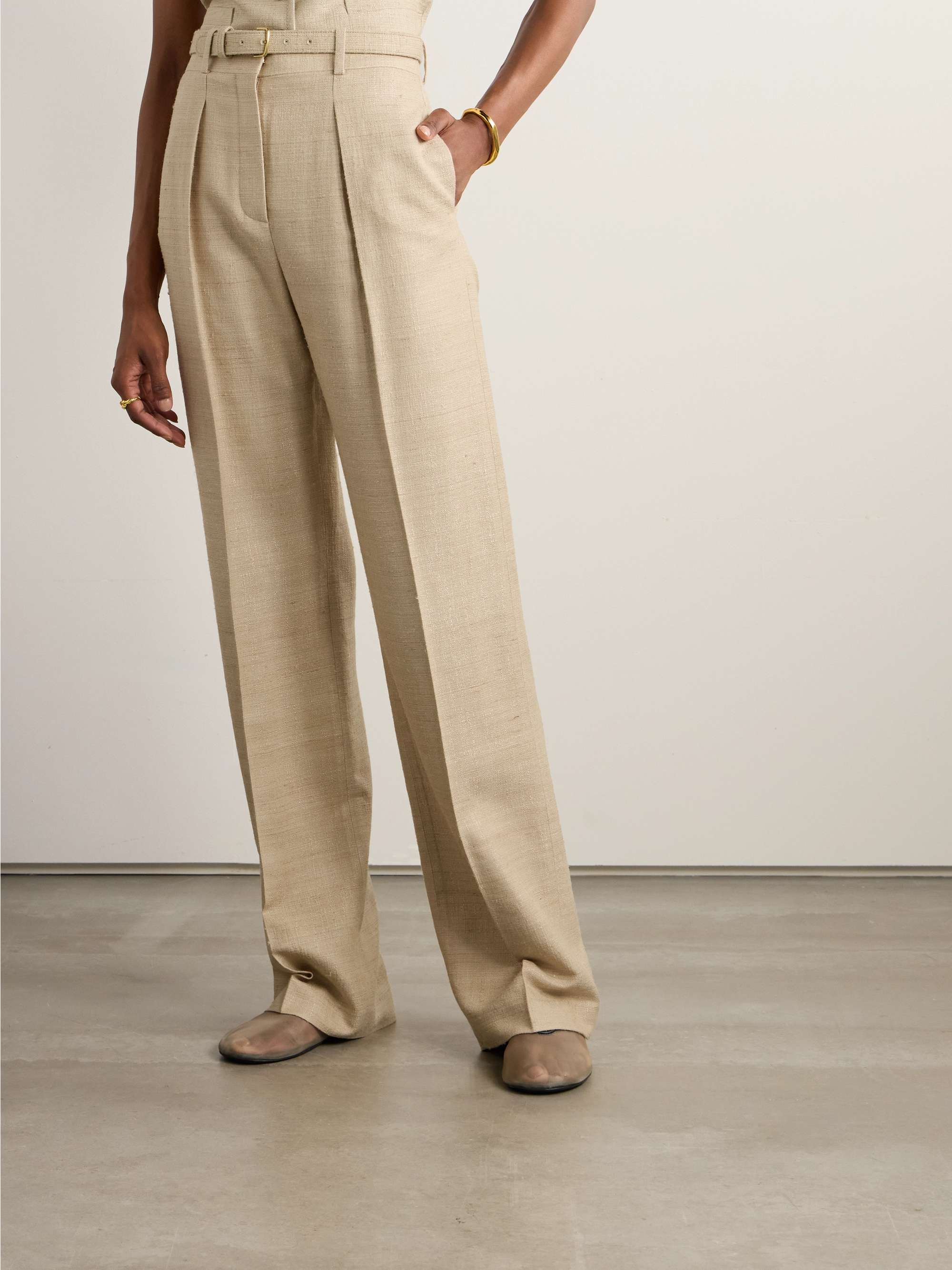 Edward belted pleated raw silk wide-leg pants view