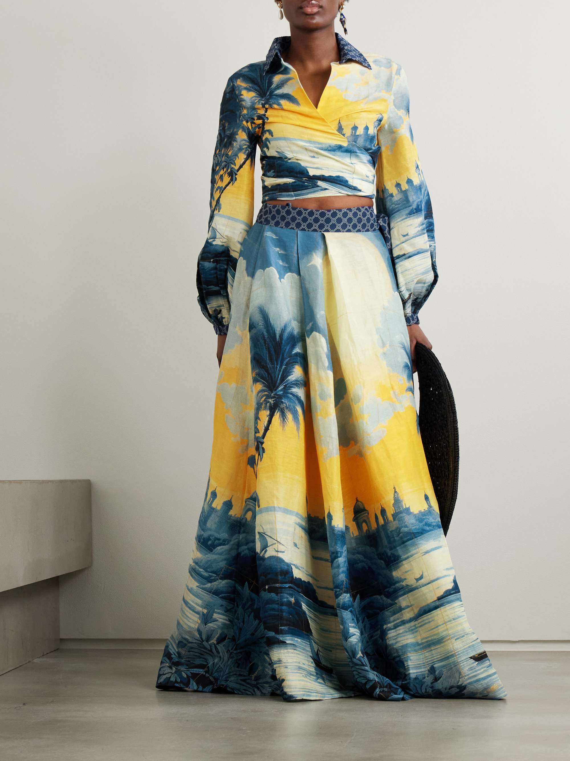 Cropped embellished printed linen and silk-blend wrap shirt view