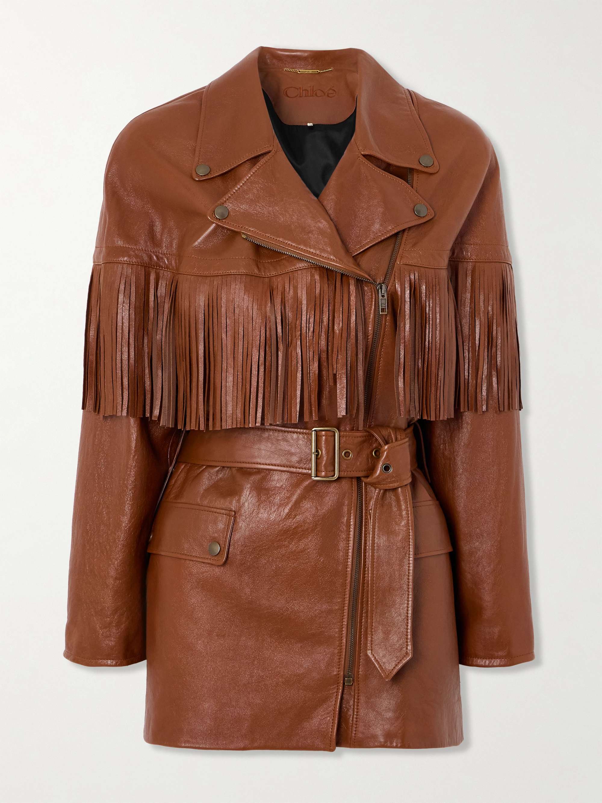 Belted fringed leather jacket view