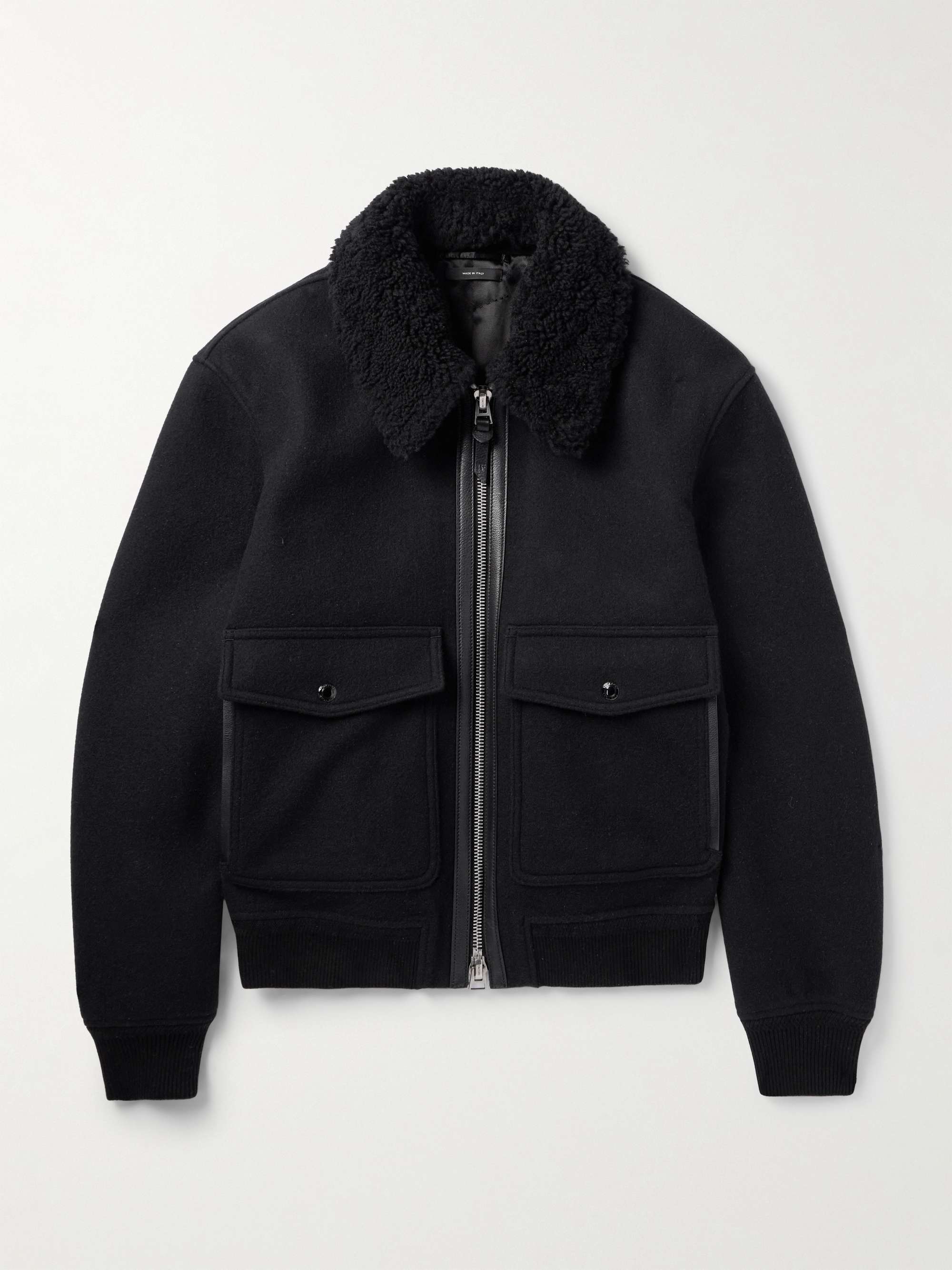 Shearling and Leather-Trimmed Wool-Blend Bomber Jacket view