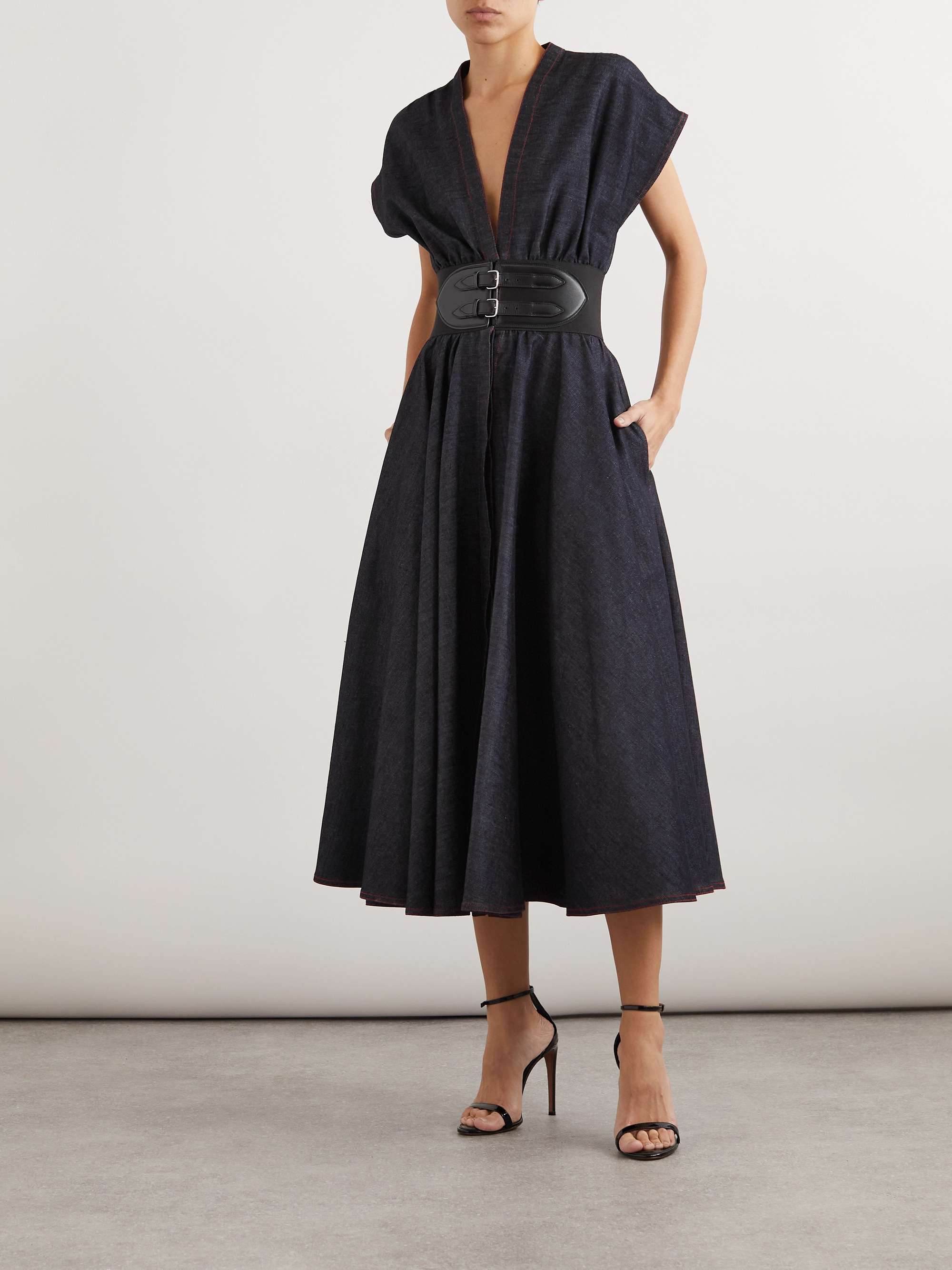 Belted denim midi wrap dress view