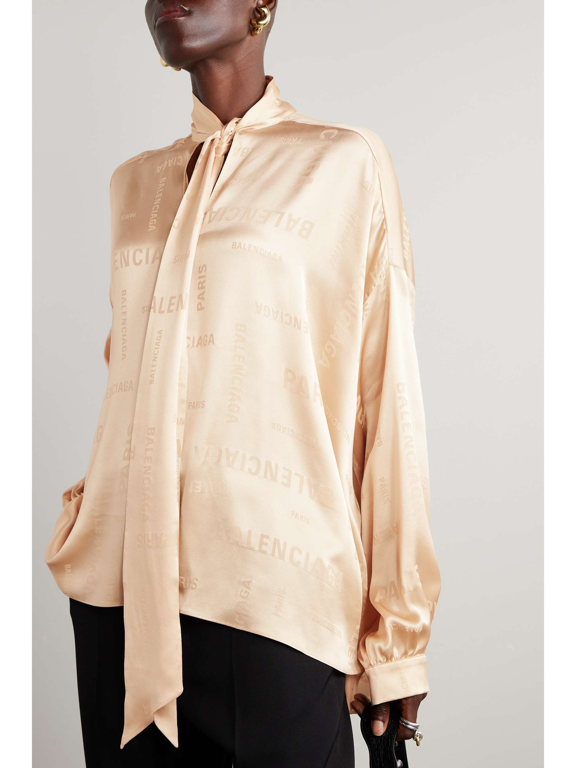 Oversized pussy-bow silk-satin jacquard blouse view