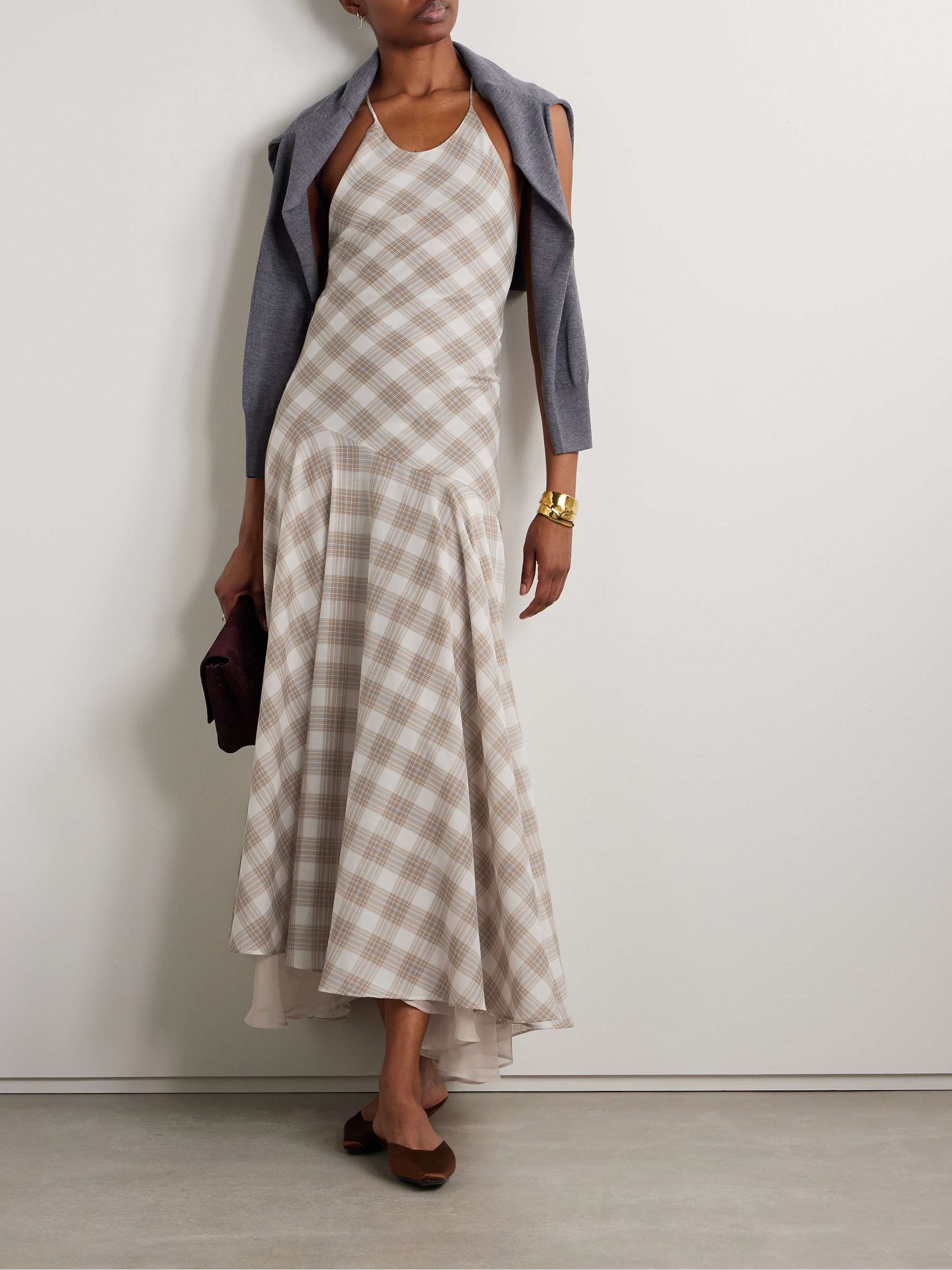 Eve asymmetric layered checked voile maxi dress view