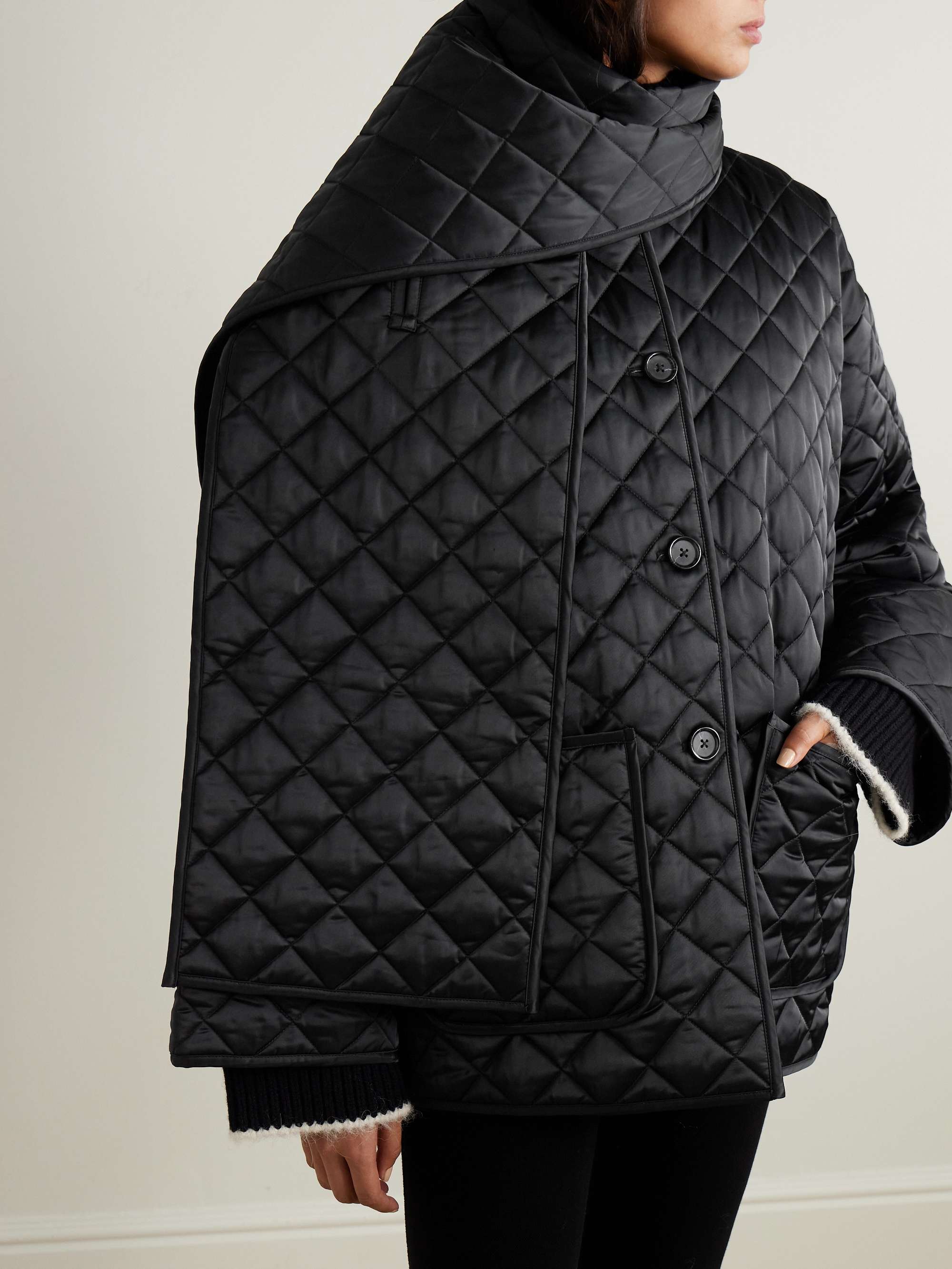 Scarf-detailed quilted recycled-shell jacket view