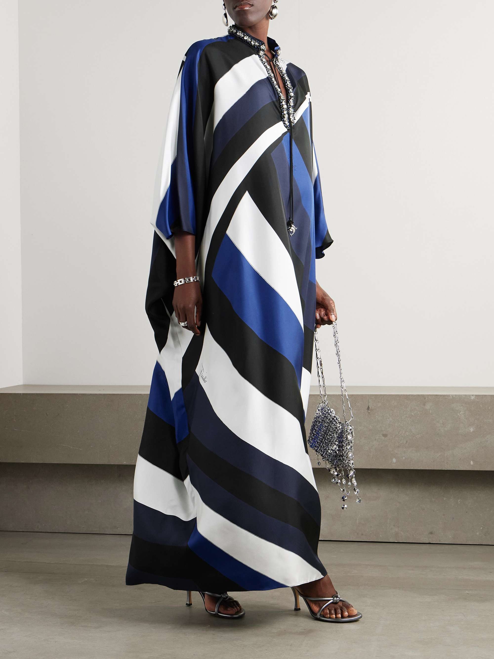 Embellished tie-front printed silk-twill kaftan view