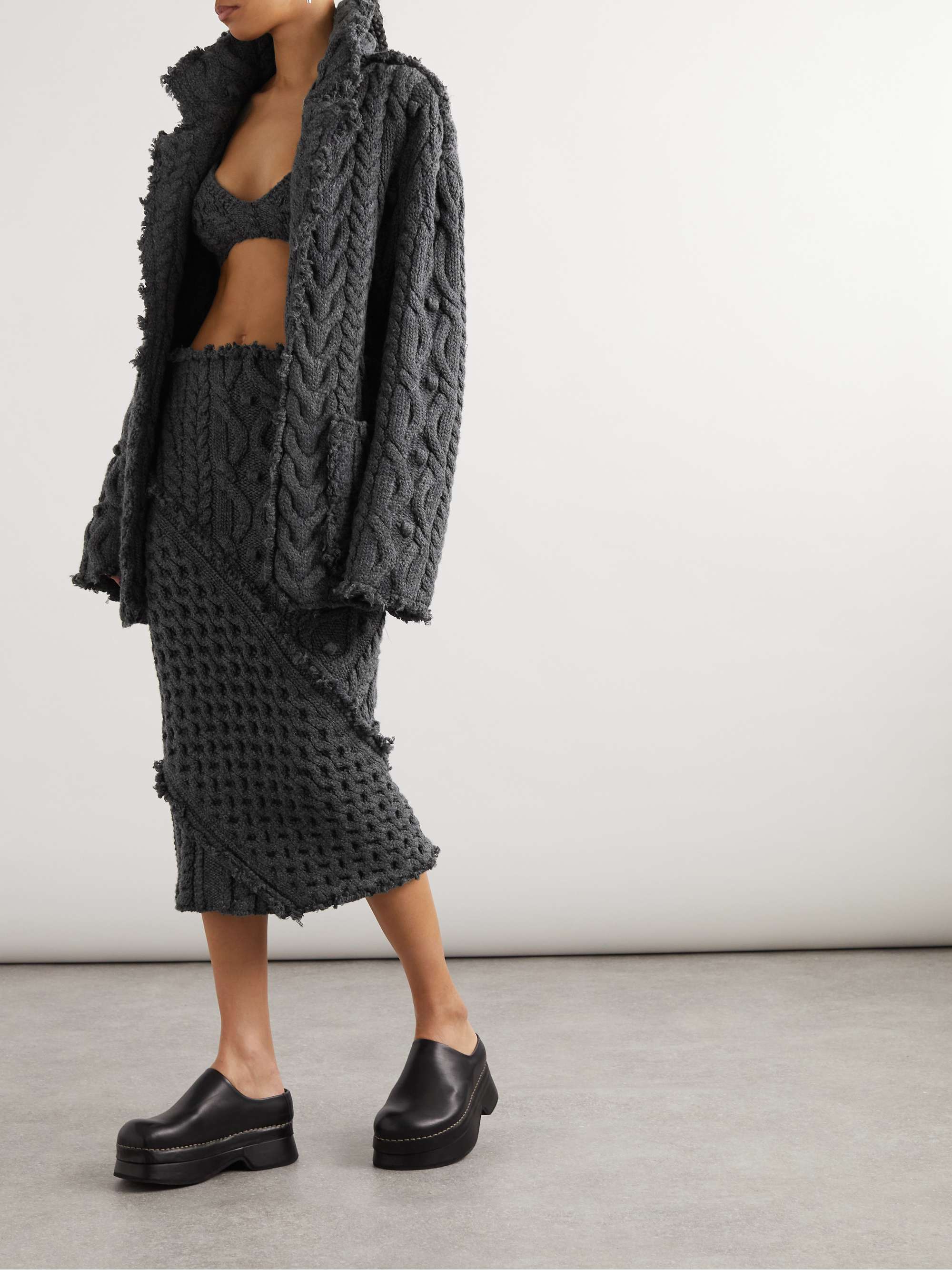 Distressed embellished cable-knit wool-blend cardigan view