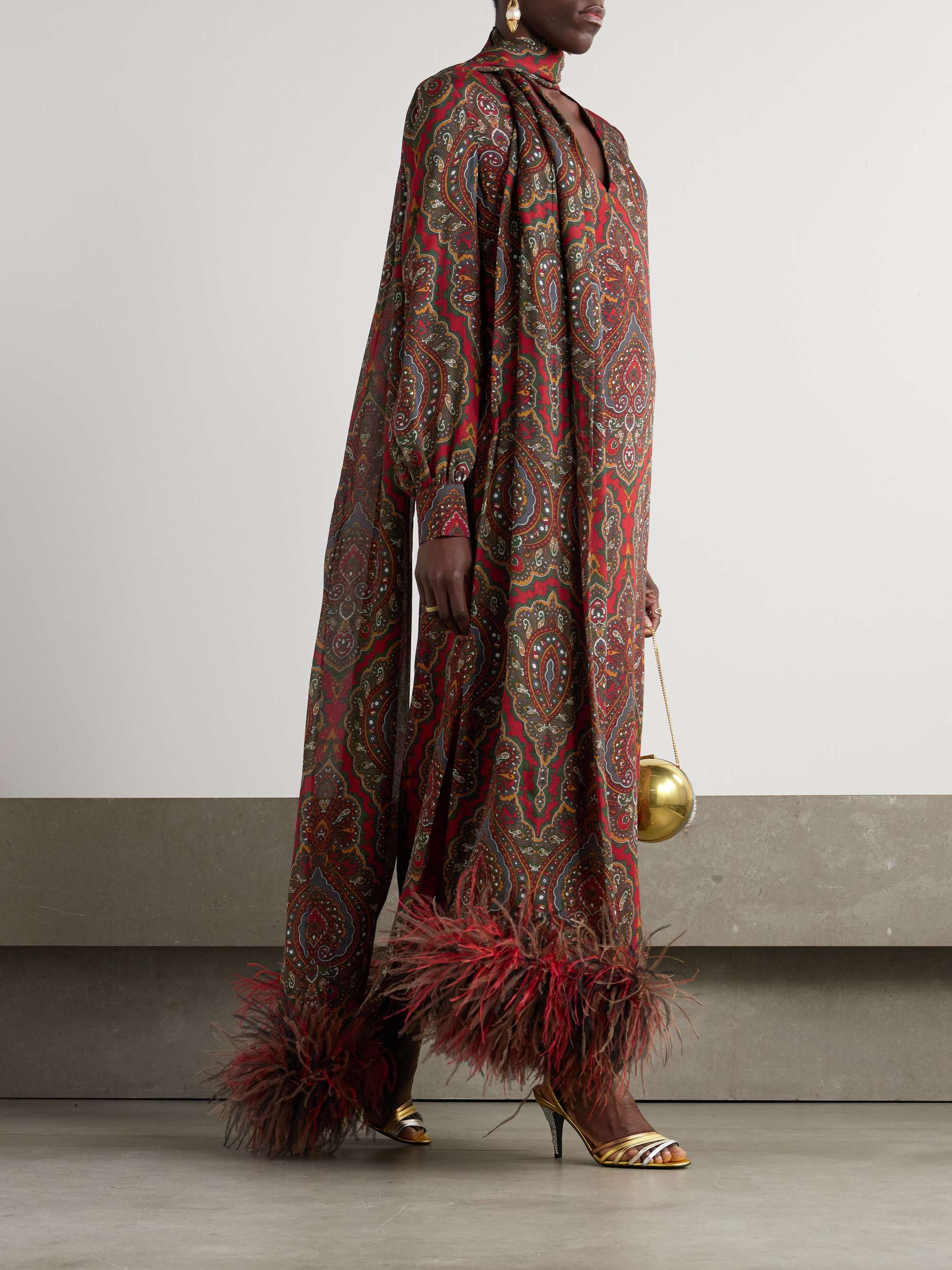Feather-trimmed scarf-detailed paisley-print silk-crepe midi dress view