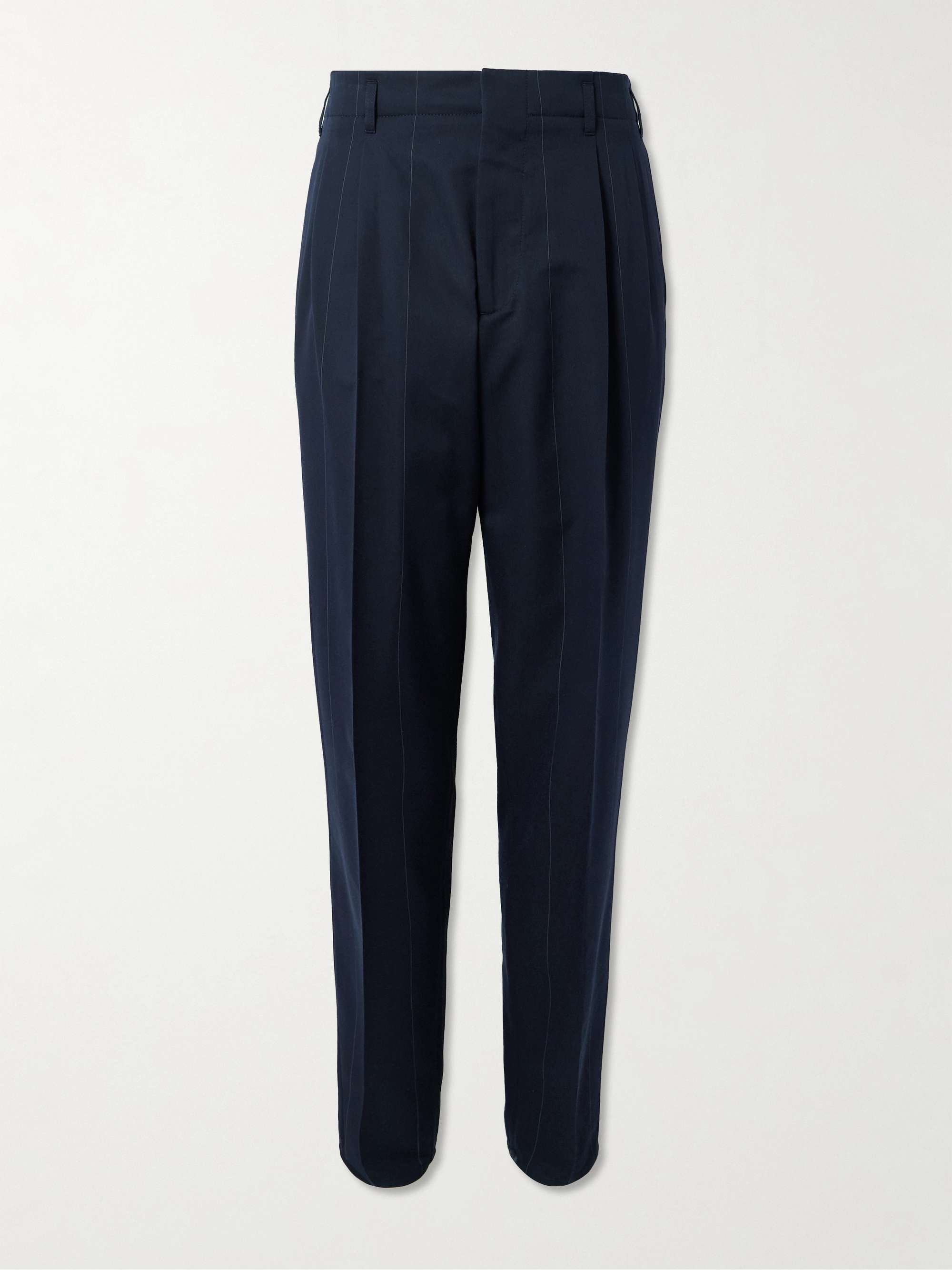 Tapered Pleated Pinstriped Wool and Cotton-Blend Trousers view