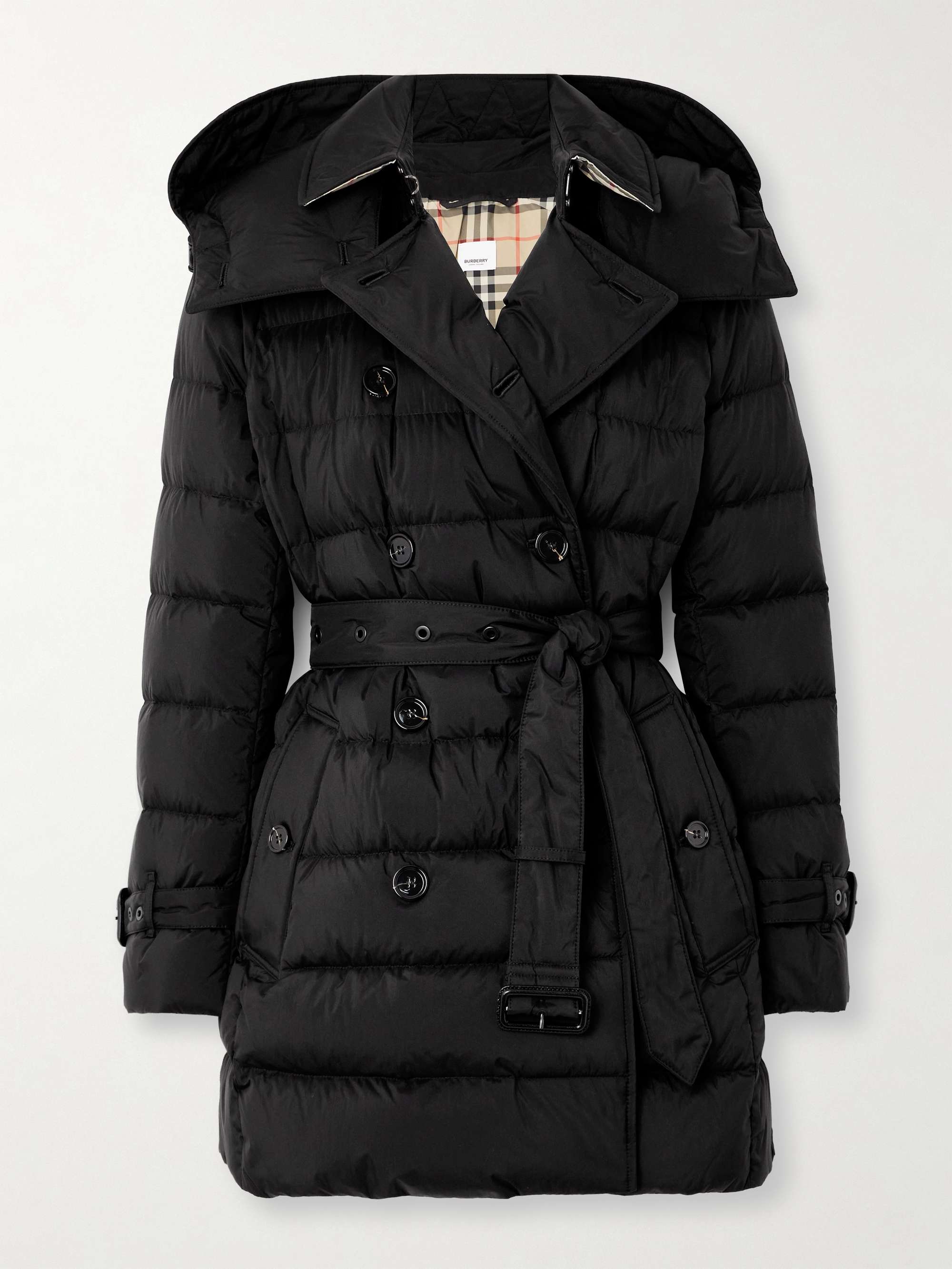 Hooded belted double-breasted quilted shell down coat view