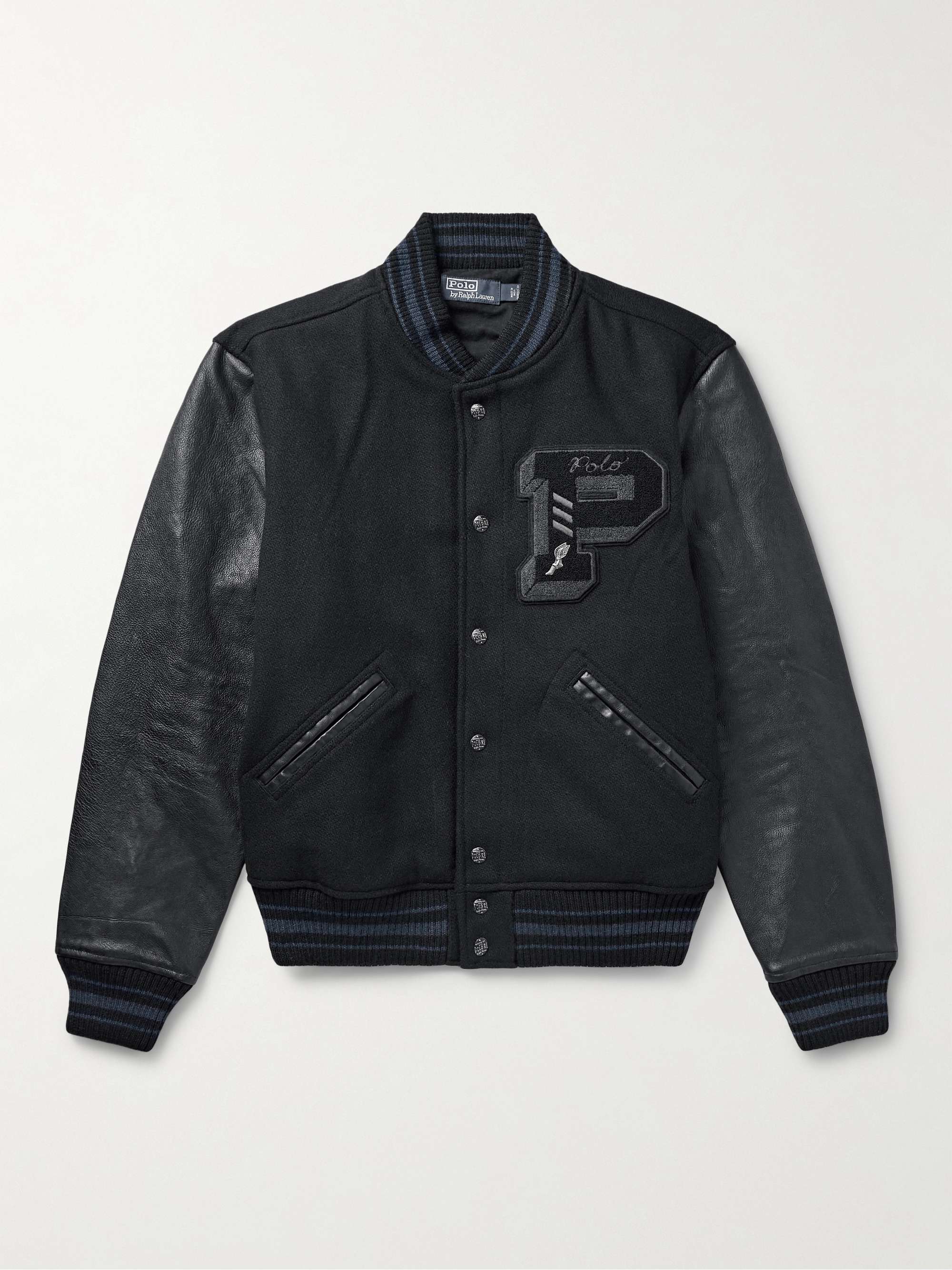Logo-Appliquéd Embroidered Leather and Wool-Blend Varsity Jacket view