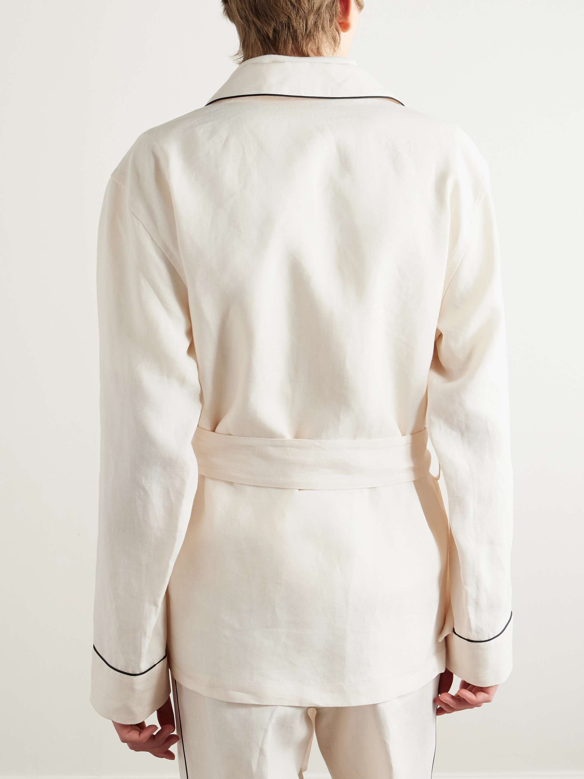 Camp-Collar Belted Piped Linen and Silk-Blend Overshirt view