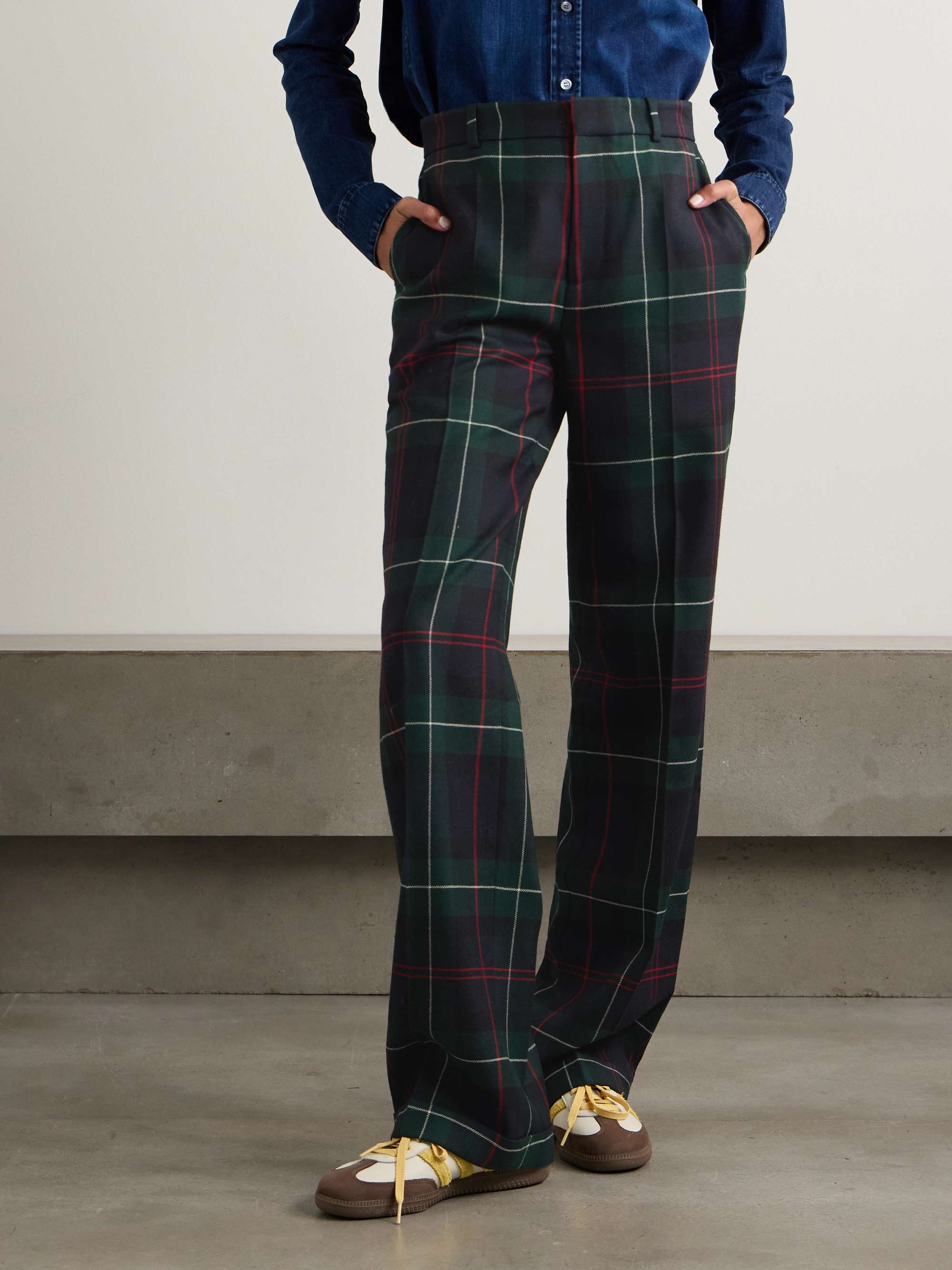 Checked wool-flannel straight-leg pants view