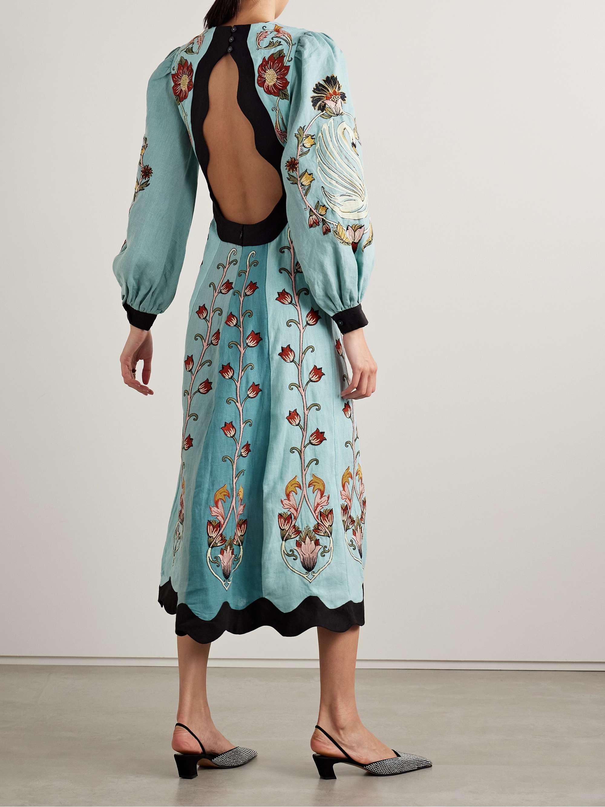 Open-back paneled embroidered linen midi dress view