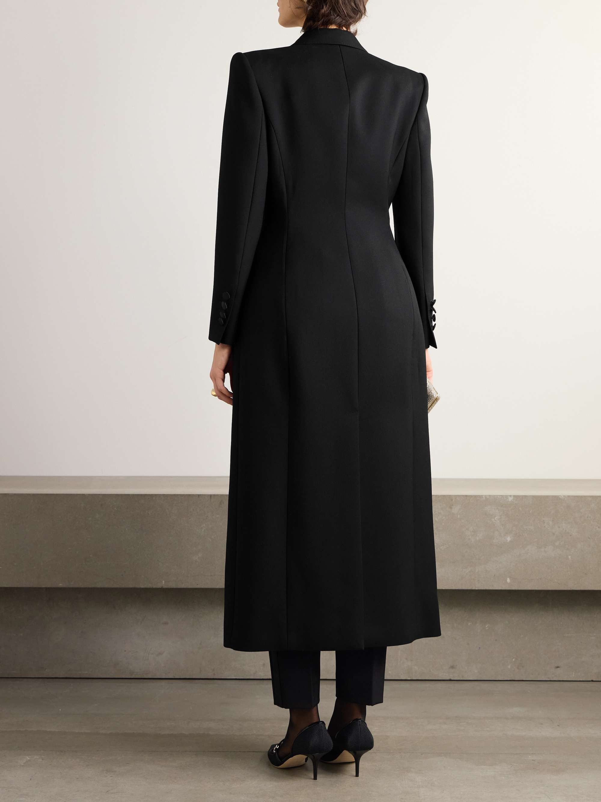 Double-breasted satin-trimmed wool-blend gabardine coat view