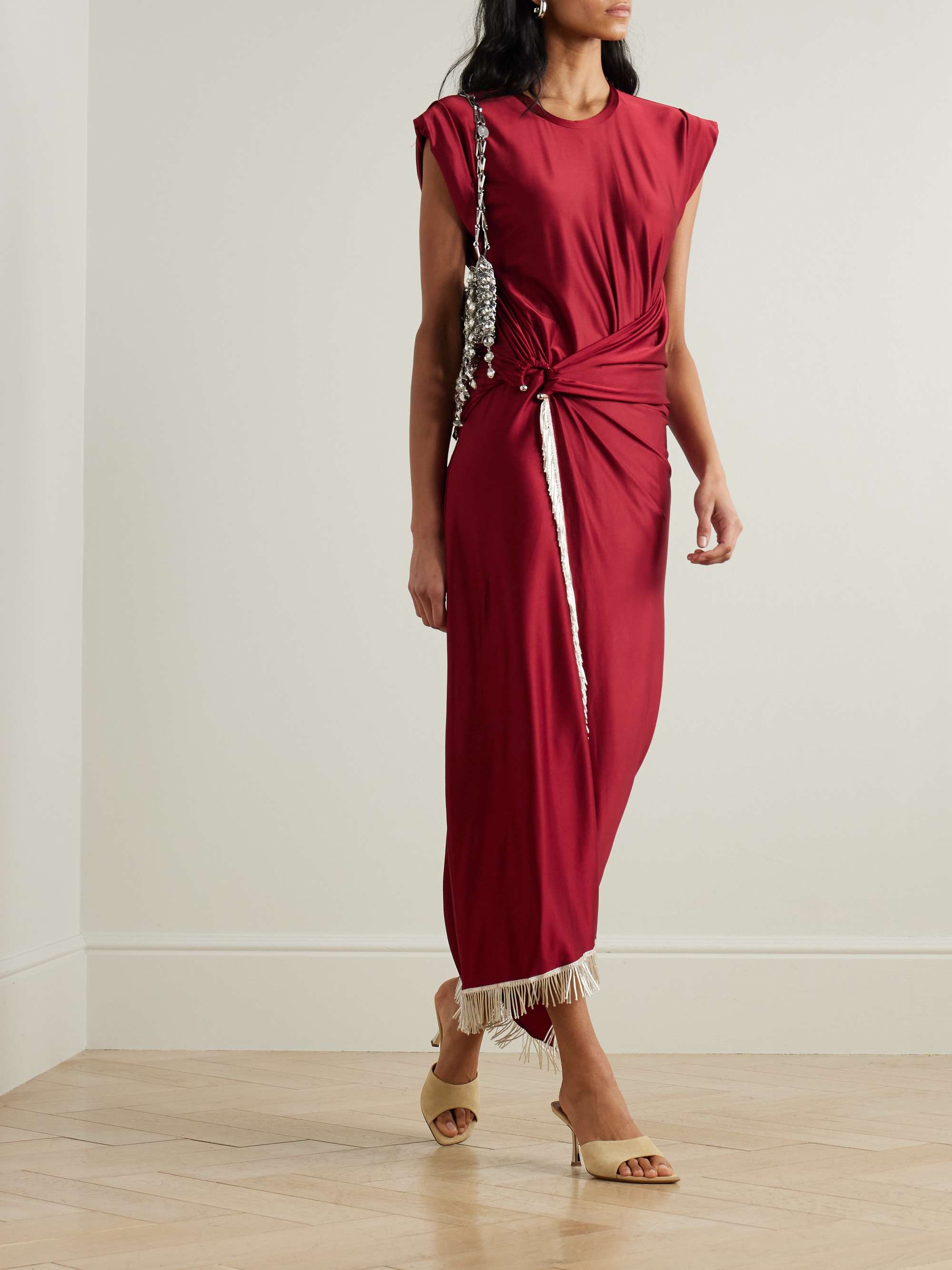 Asymmetric fringed draped satin-jersey dress view