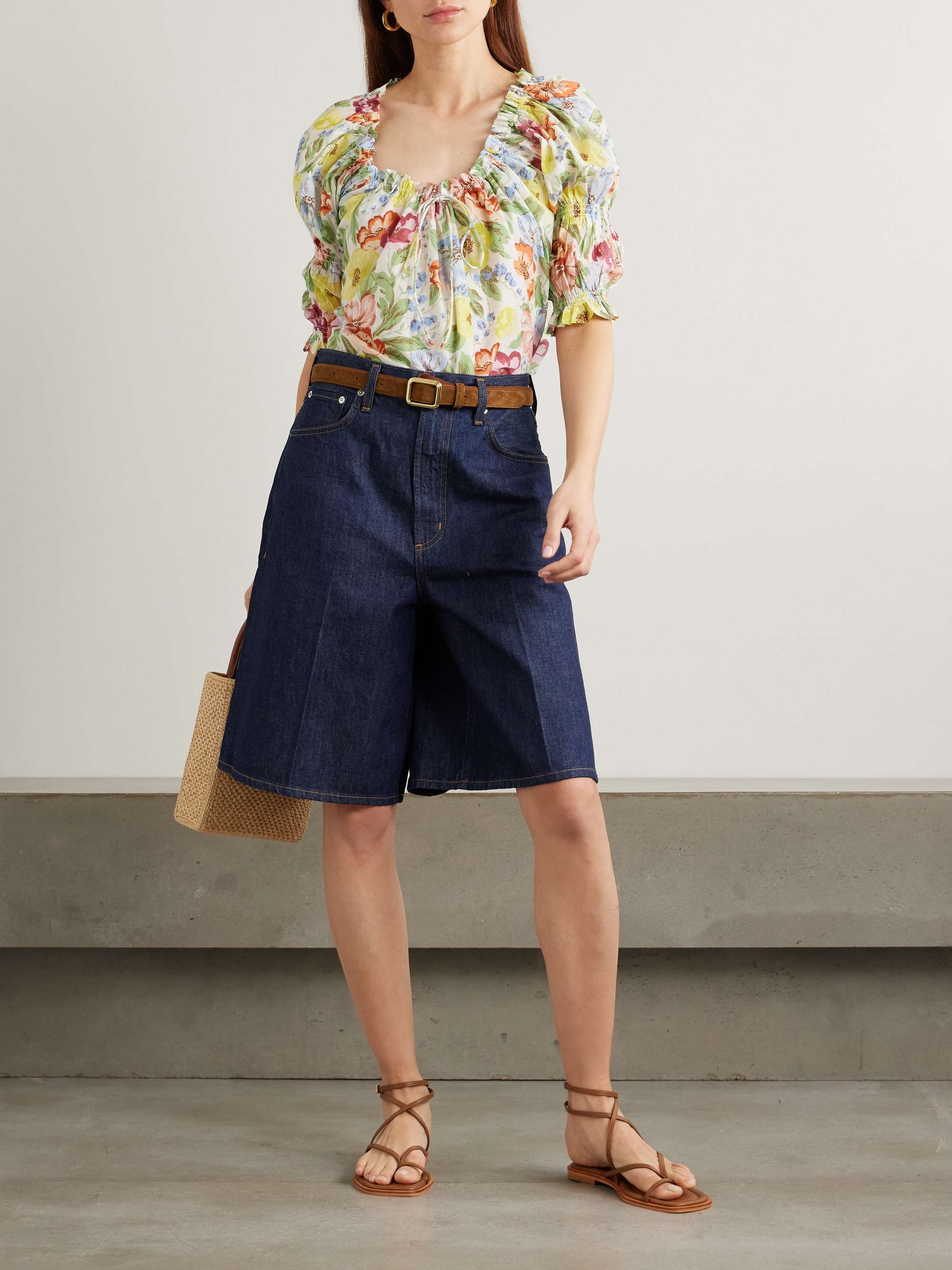 Inez gathered floral-print organic cotton-voile blouse view