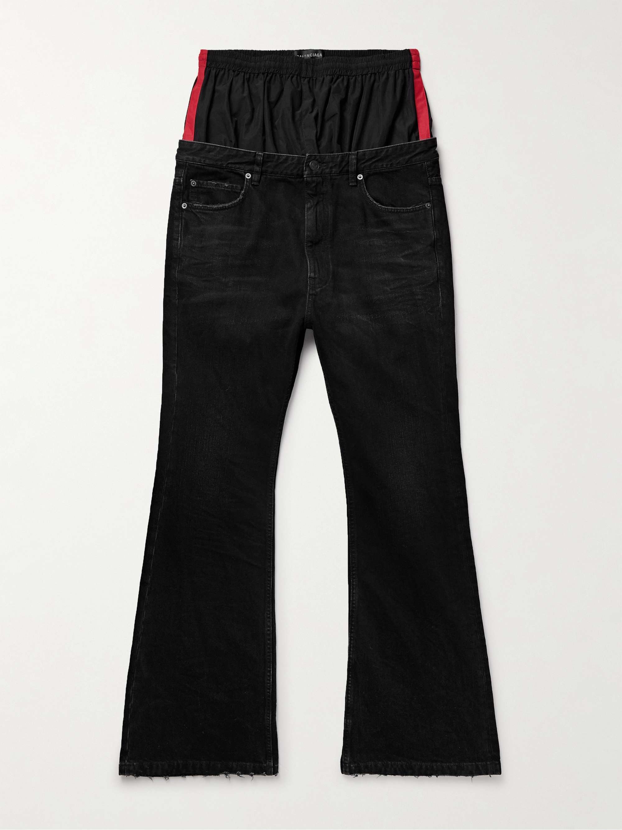 Layered Shell-Trimmed Distressed Flared Jeans view