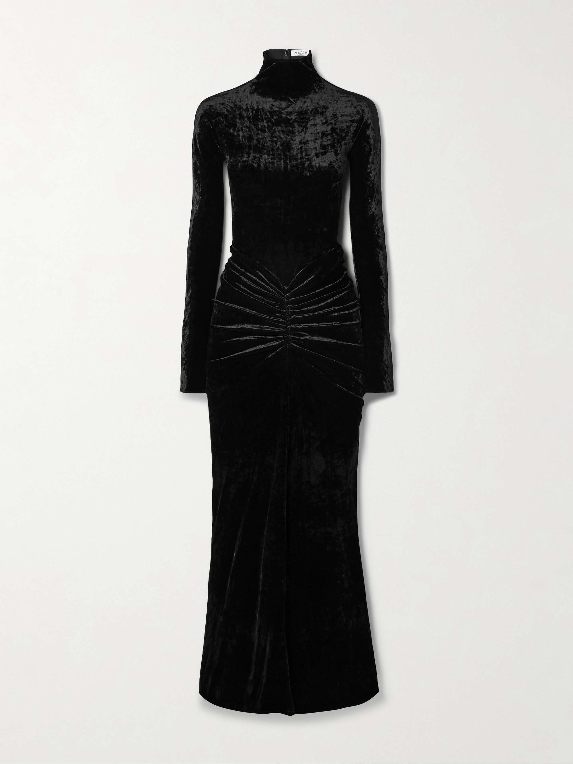 Ruched crushed-velvet turtleneck midi dress view