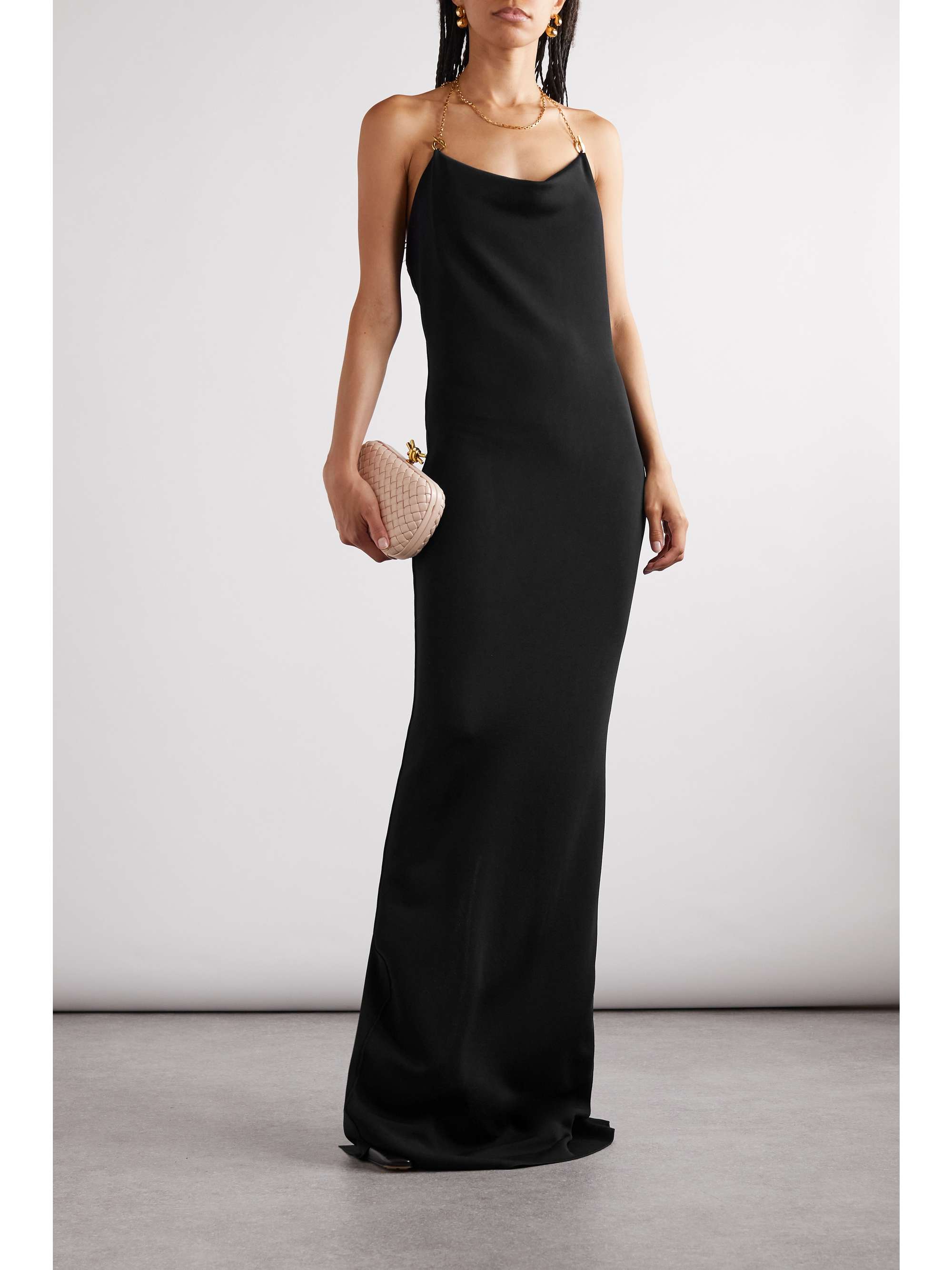 Chain-embellished knitted halterneck gown view