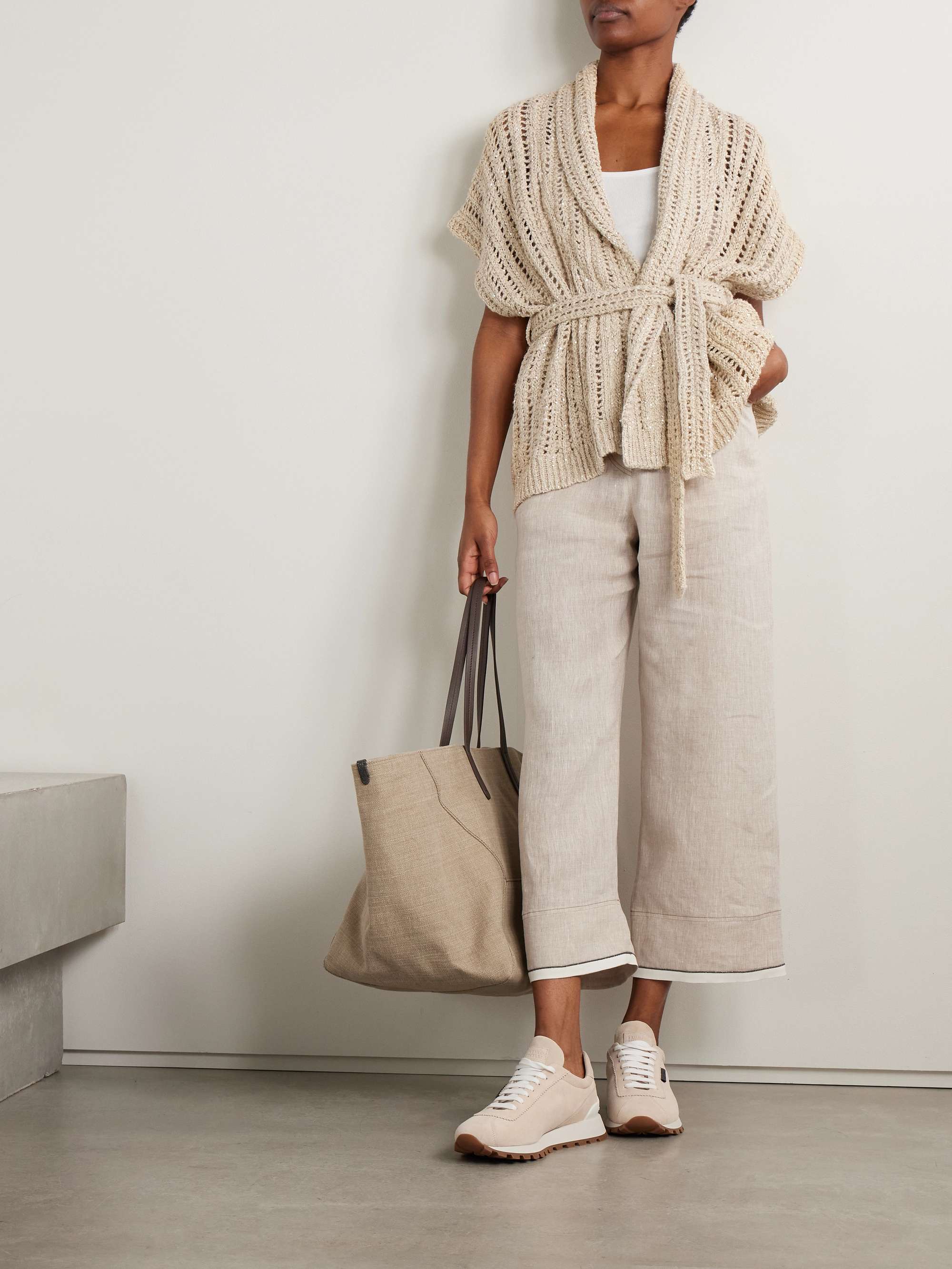 Belted sequined open-knit cardigan view