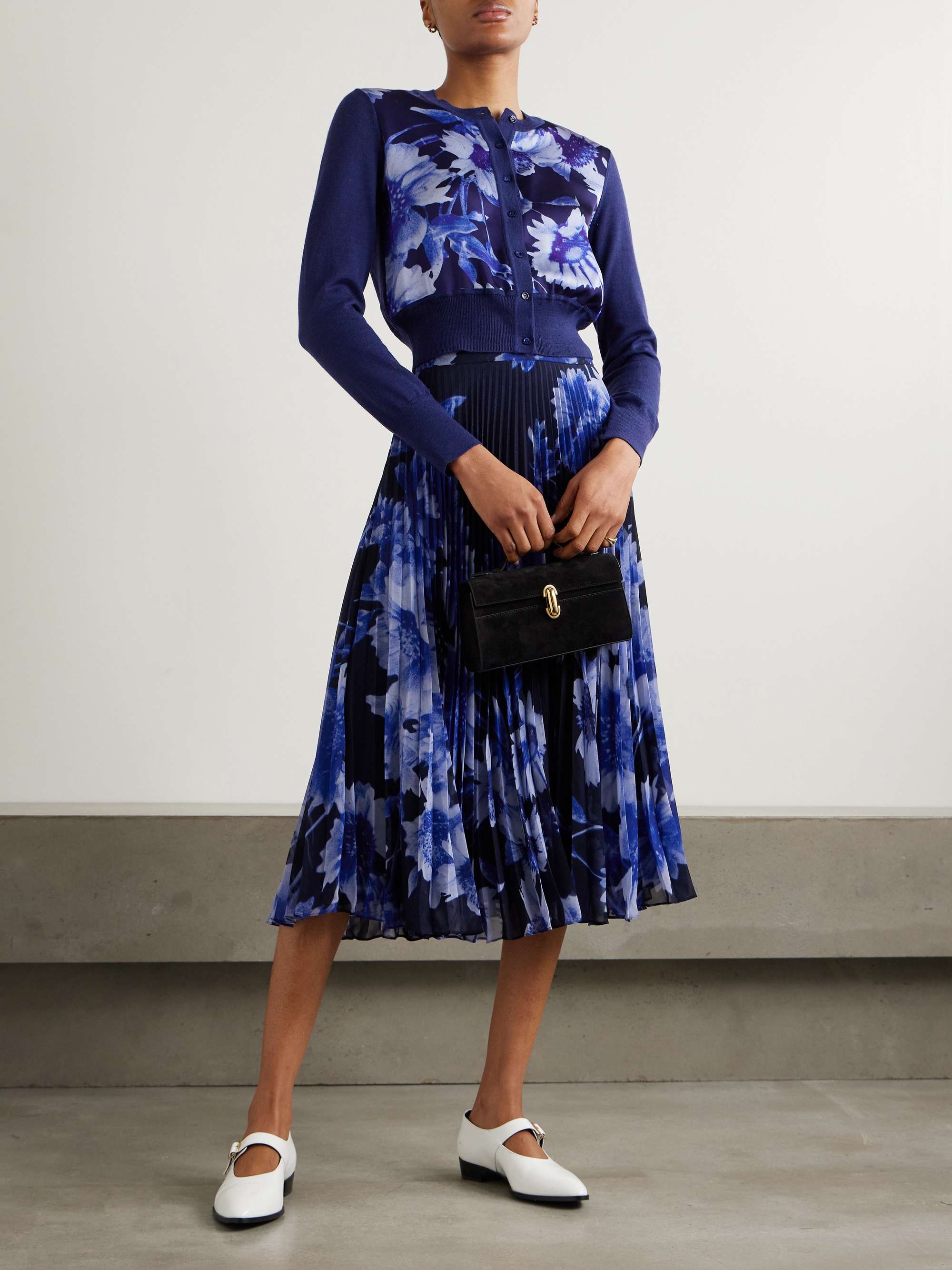 Merino wool and floral-print satin cardigan view