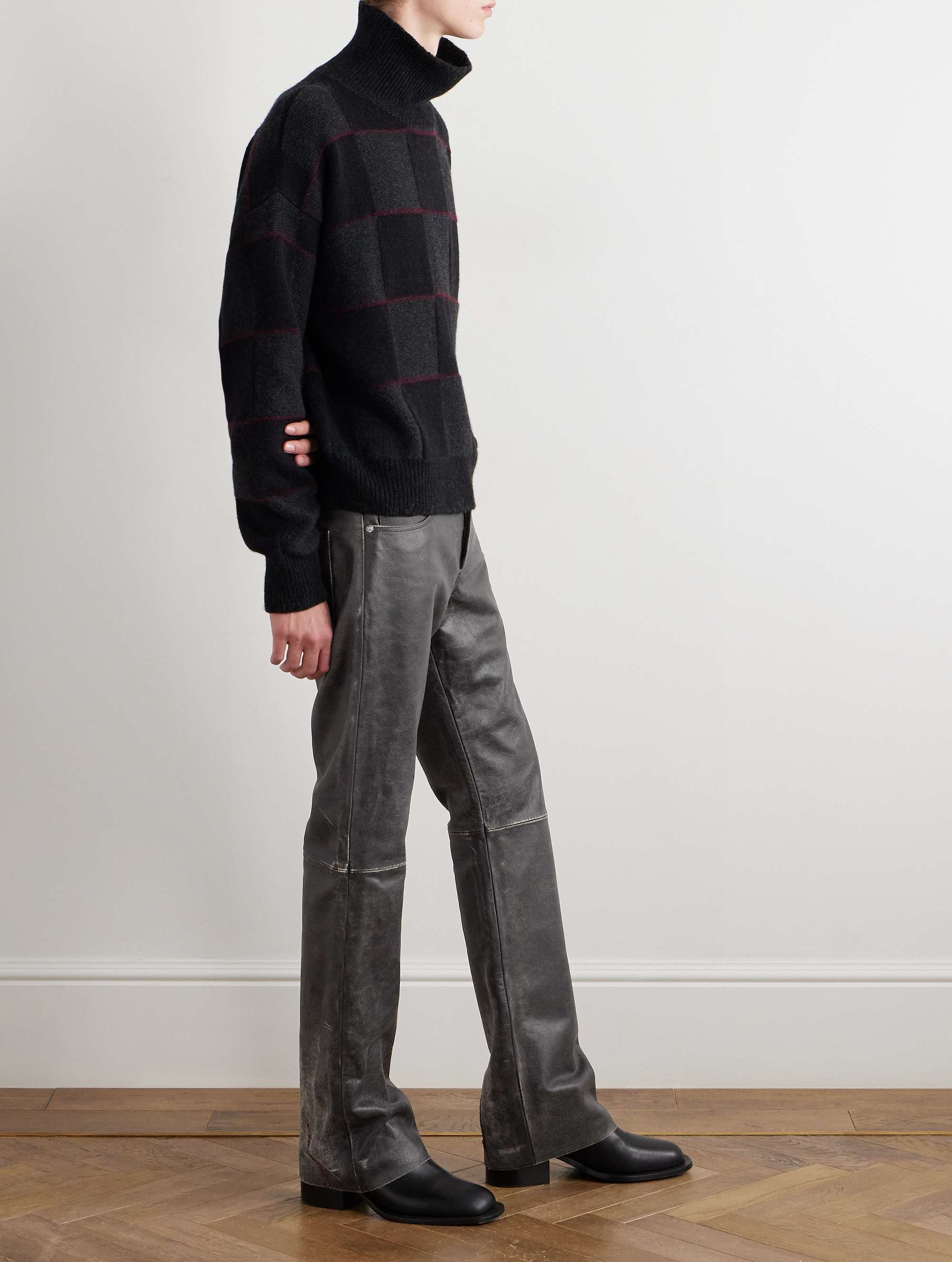 Slim-Fit Straight-Leg Distressed Leather Trousers view