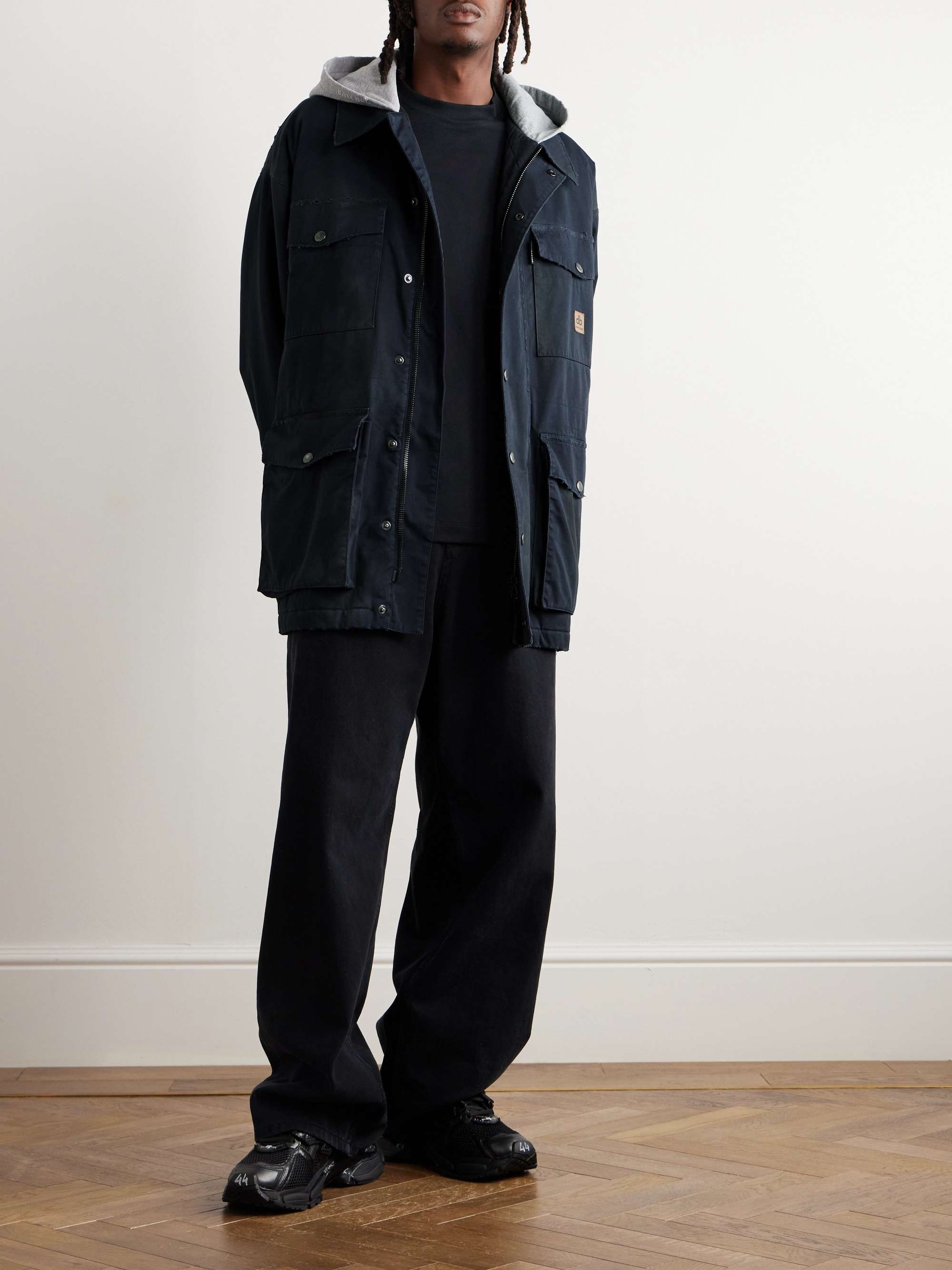 Oversized Jersey-Trimmed Distressed Organic Cotton-Blend Gabardine Parka view