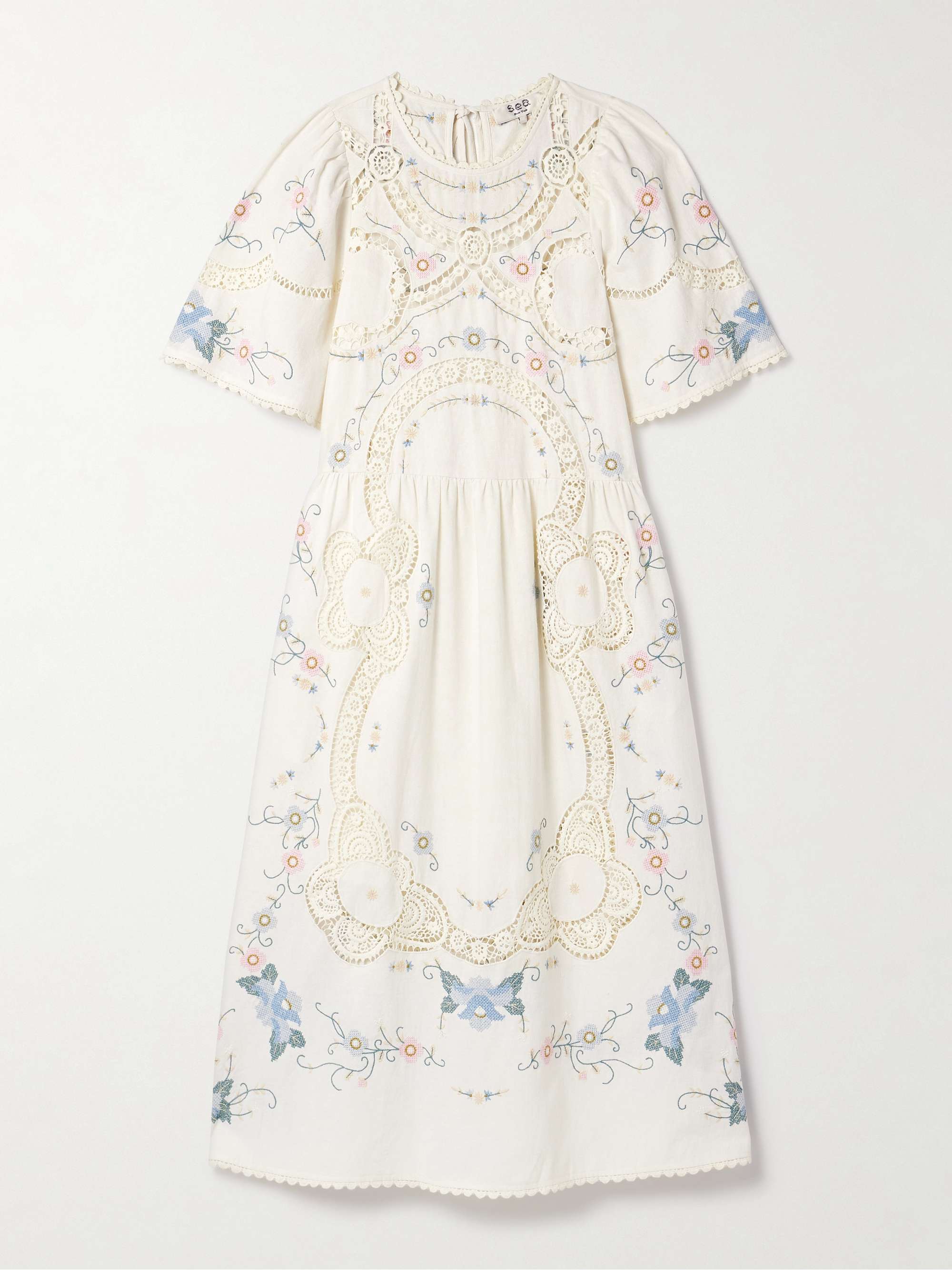 Vesna broderie anglaise-trimmed embroidered cotton and linen-blend midi dress view