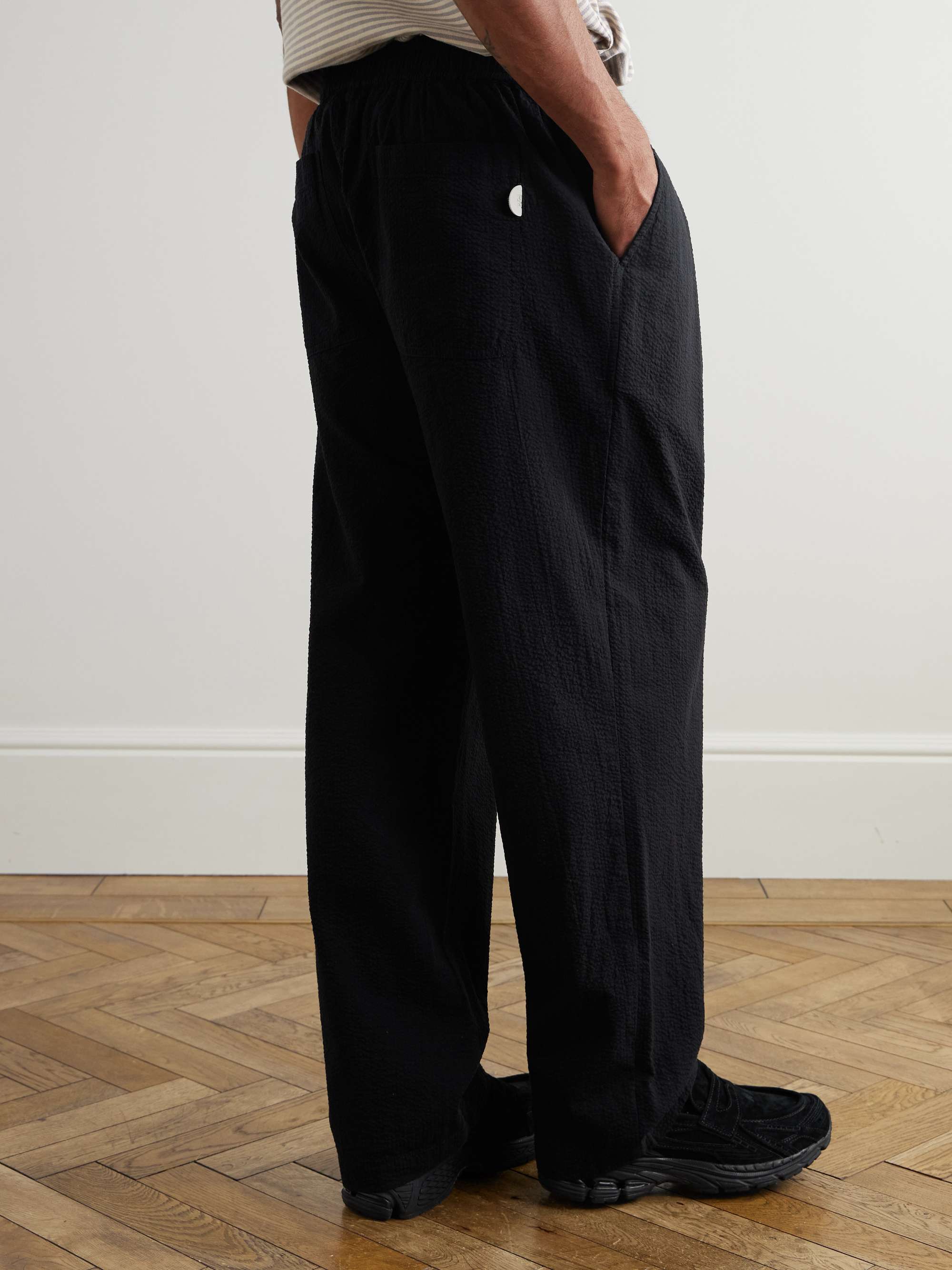 Anniversary Wide-Leg Pleated Cotton-Seersucker Drawstring Trousers view