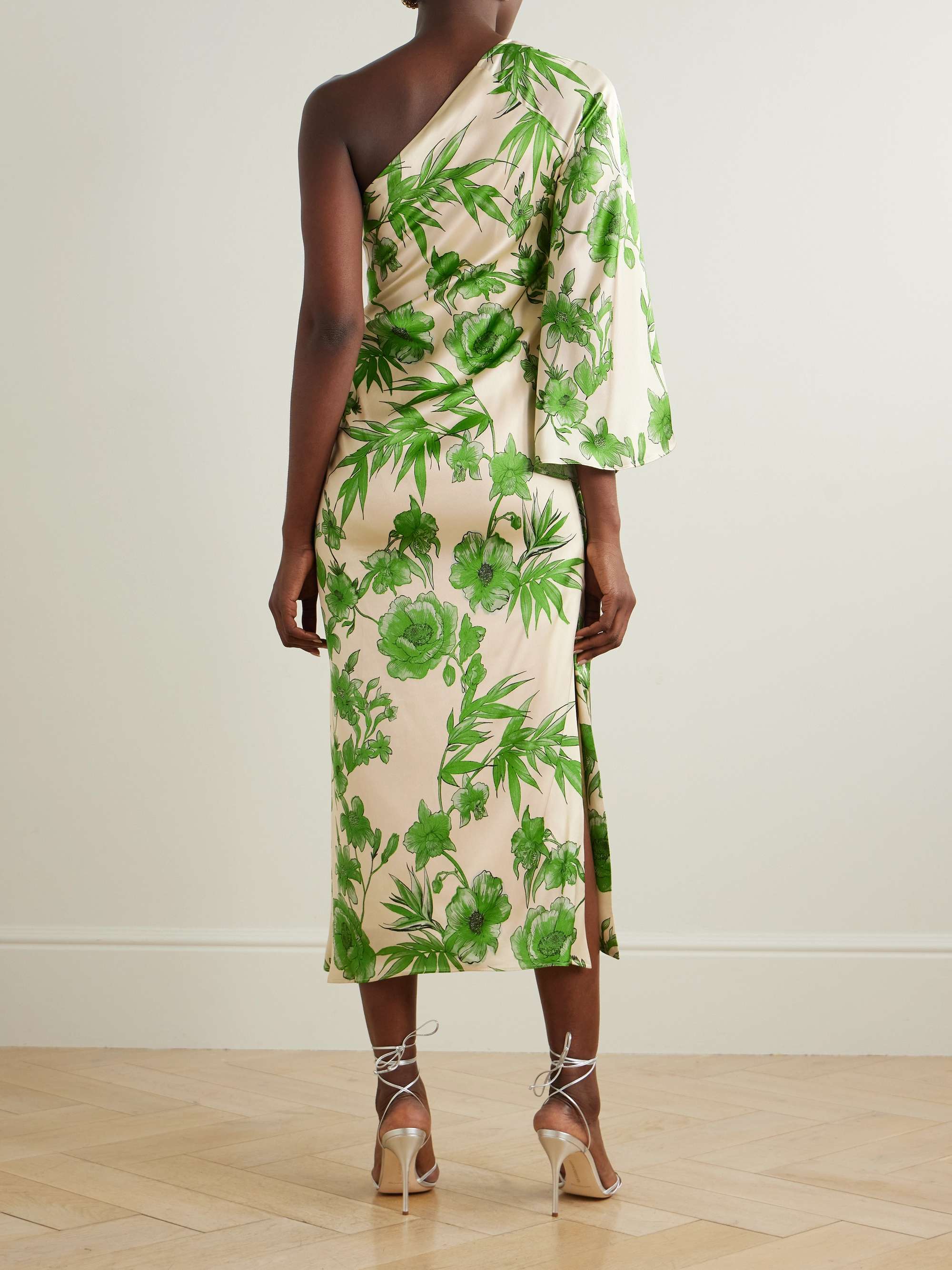 Atlantis one-shoulder embellished floral-print satin midi dress view