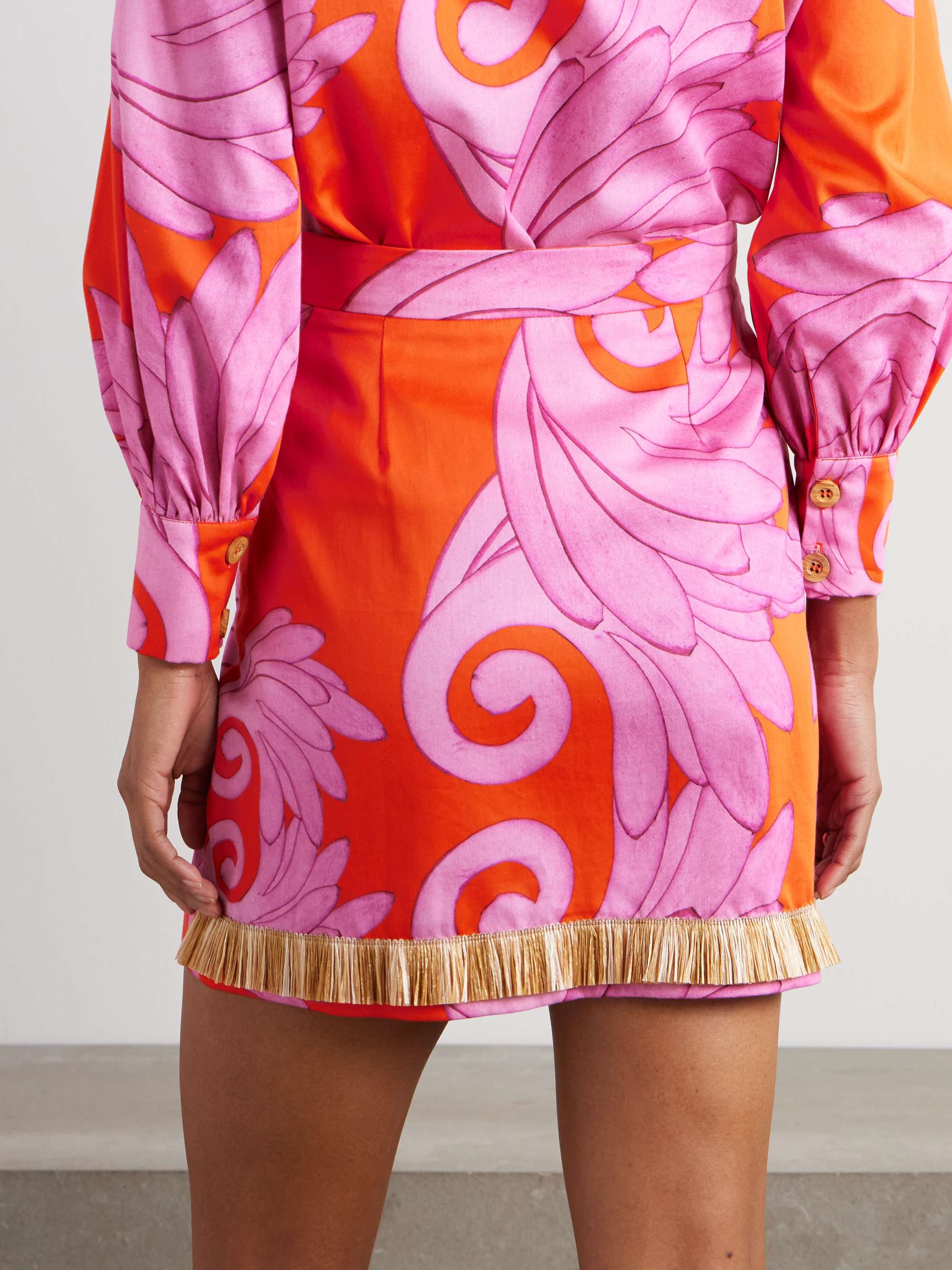 Lydia raffia-trimmed printed cotton-twill mini skirt view