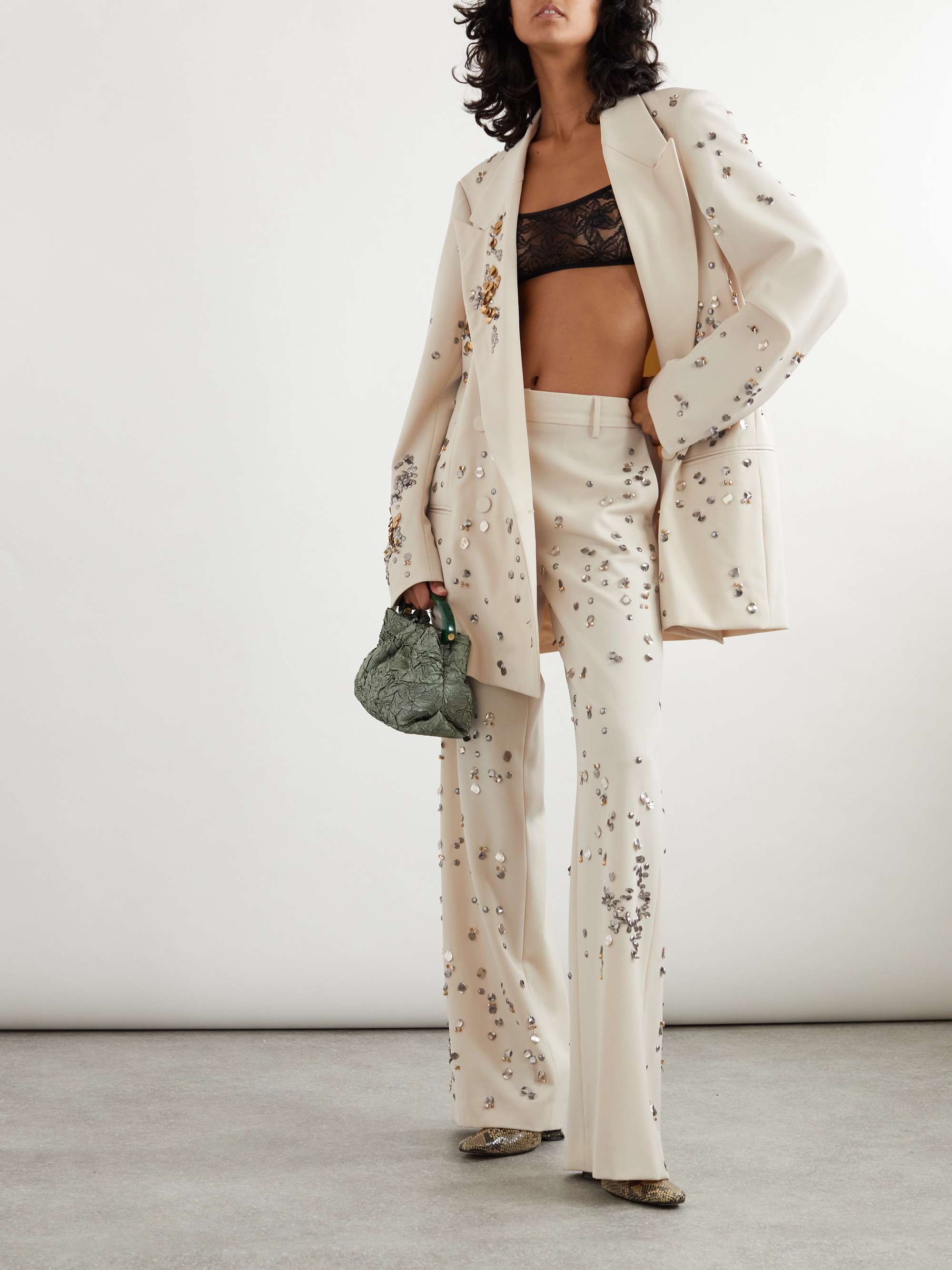 Embellished wool-twill wide-leg pants view