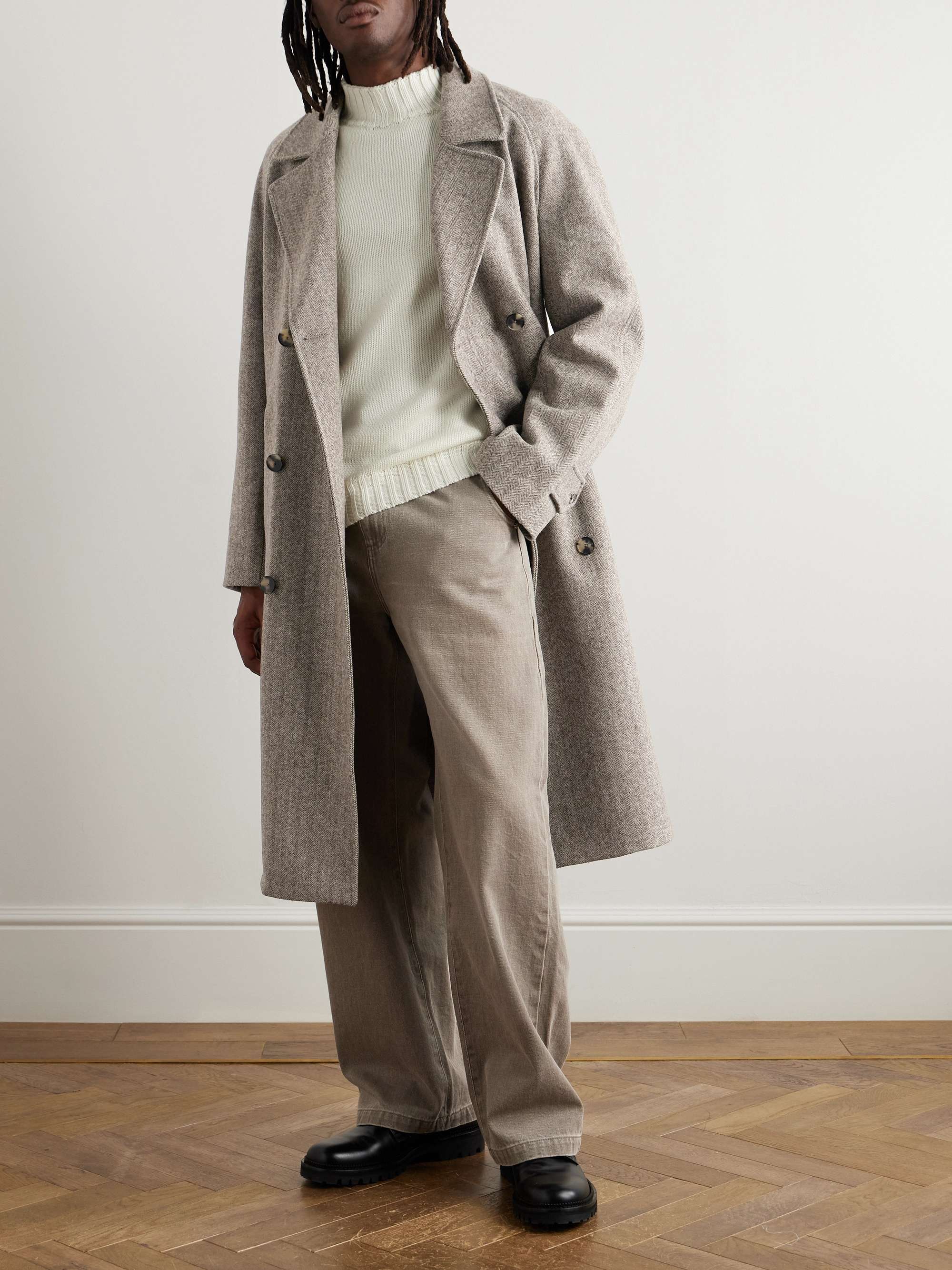 Grandad Double-Breasted Herringbone Wool Coat view