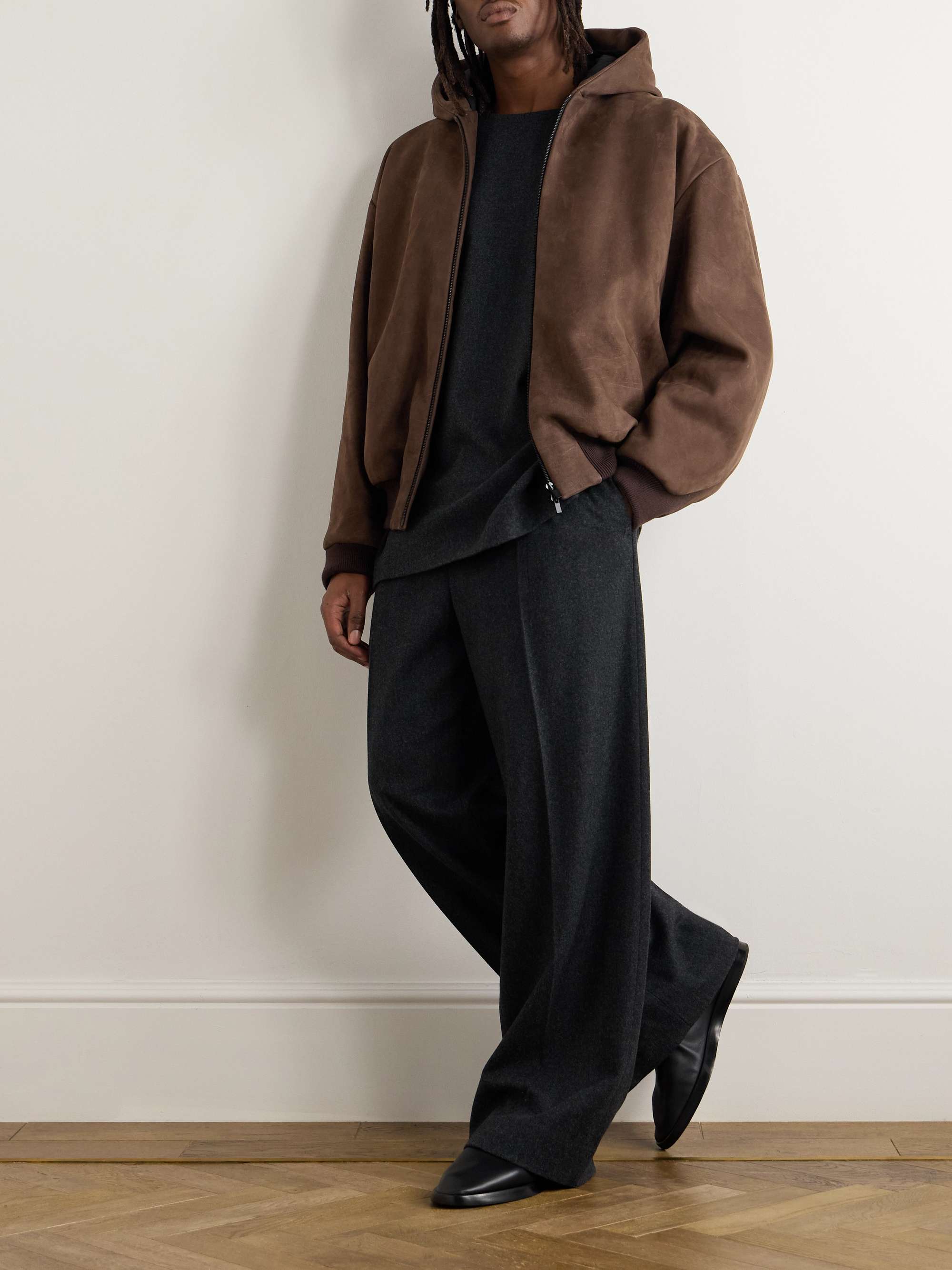 Logo-Appliquéd Nubuck Hooded Bomber Jacket view