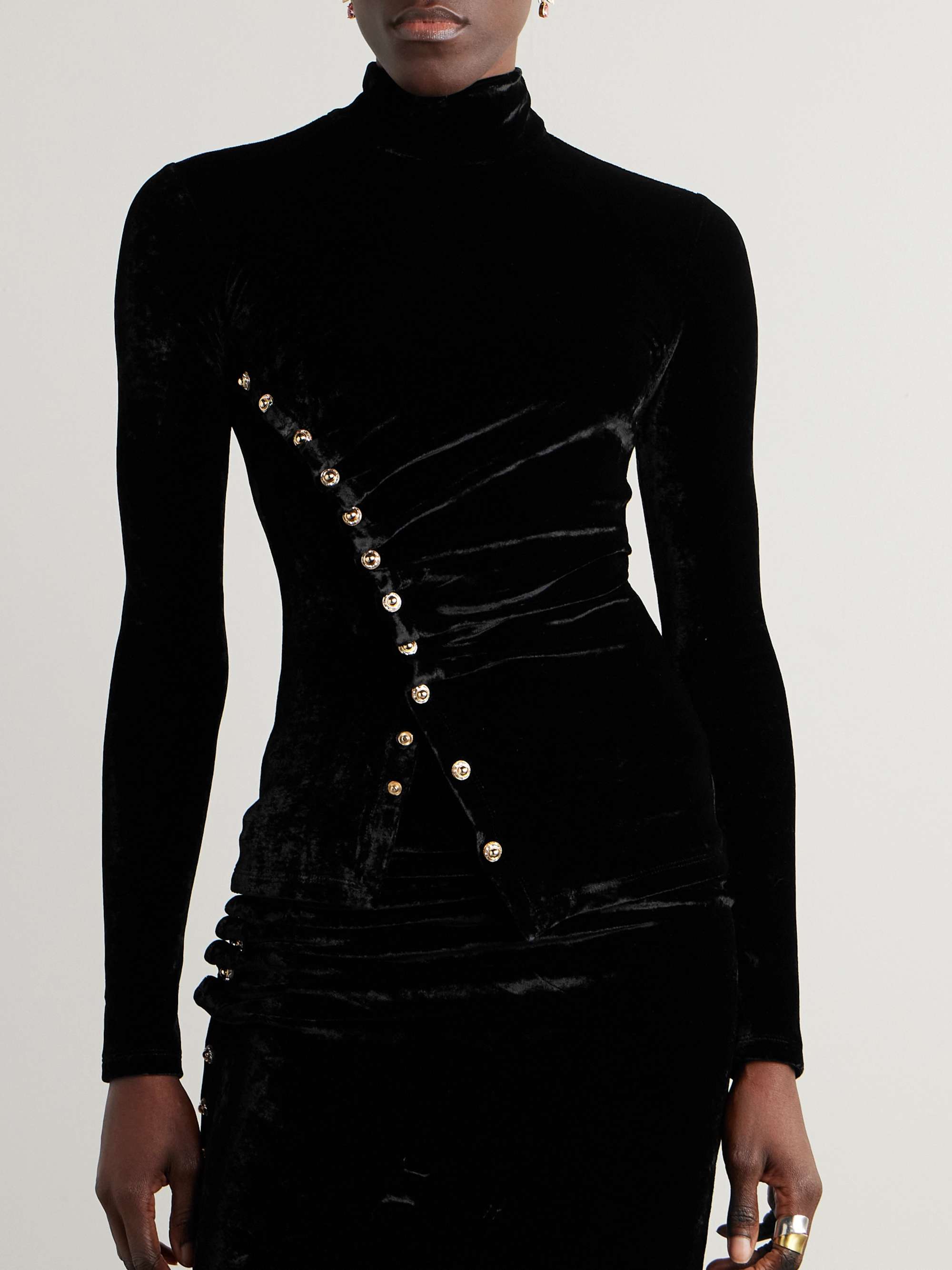 Embellished velvet turtleneck top view