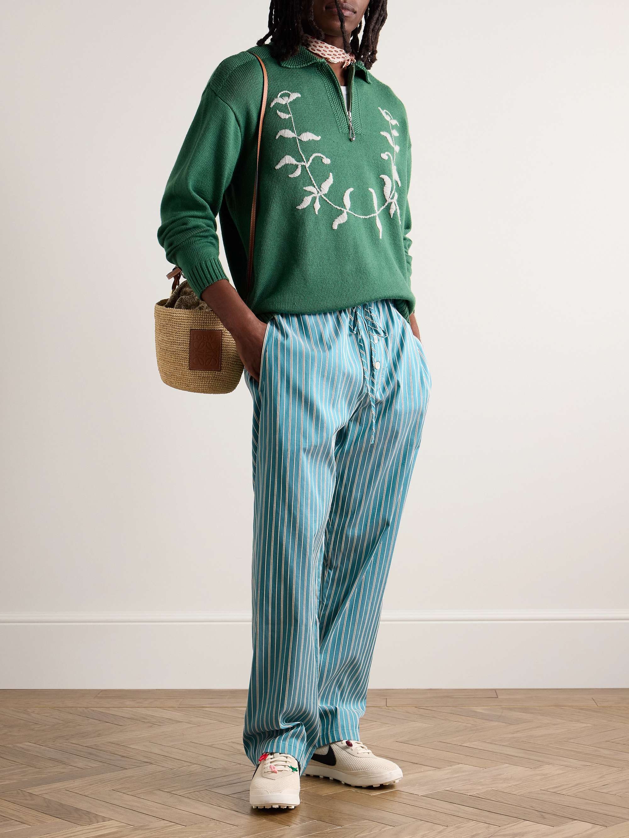 Shore Straight-Leg Striped Cotton-Blend Drawstring Trousers view