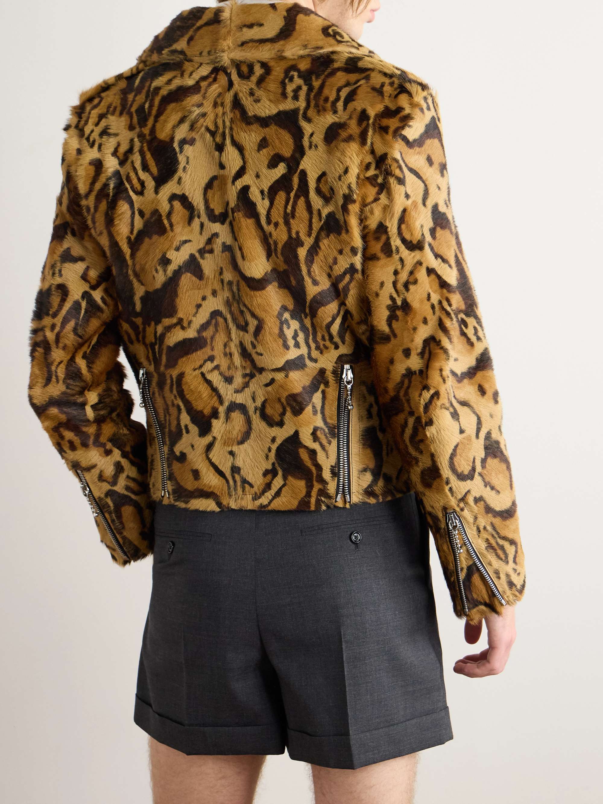 Belted Leopard-Print Goat Hair Biker Jacket view
