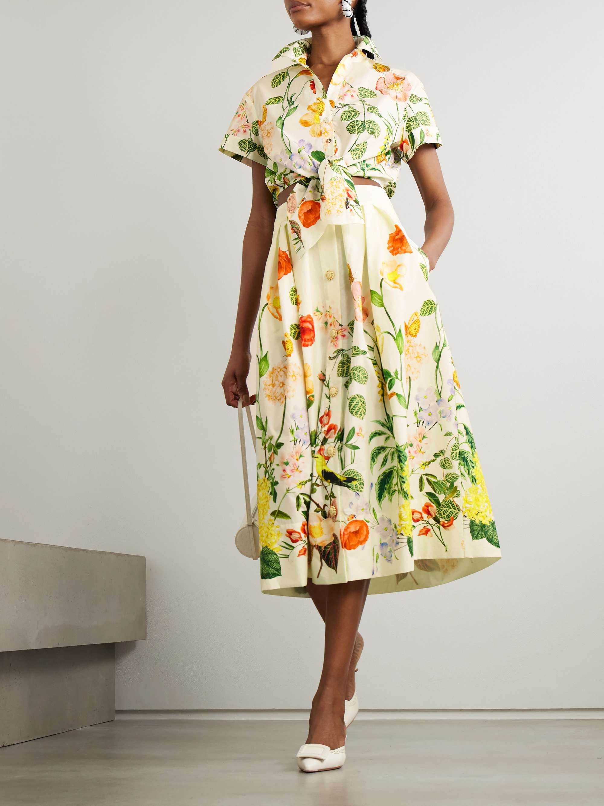 Marge button-embellished floral-print pleated cotton-poplin midi skirt view