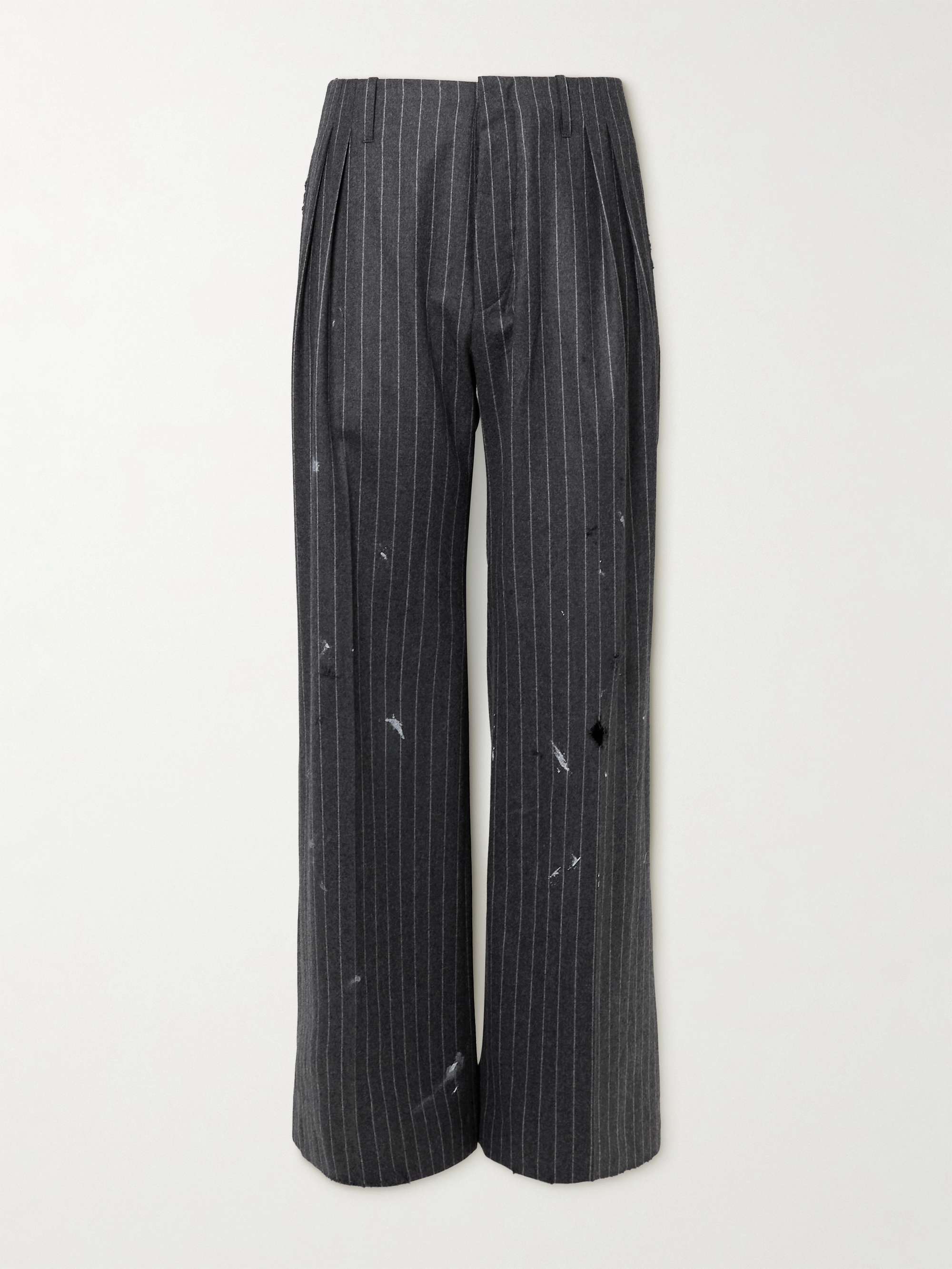 Wide-Leg Pleated Pinstriped Distressed Virgin Wool-Twill Trousers view