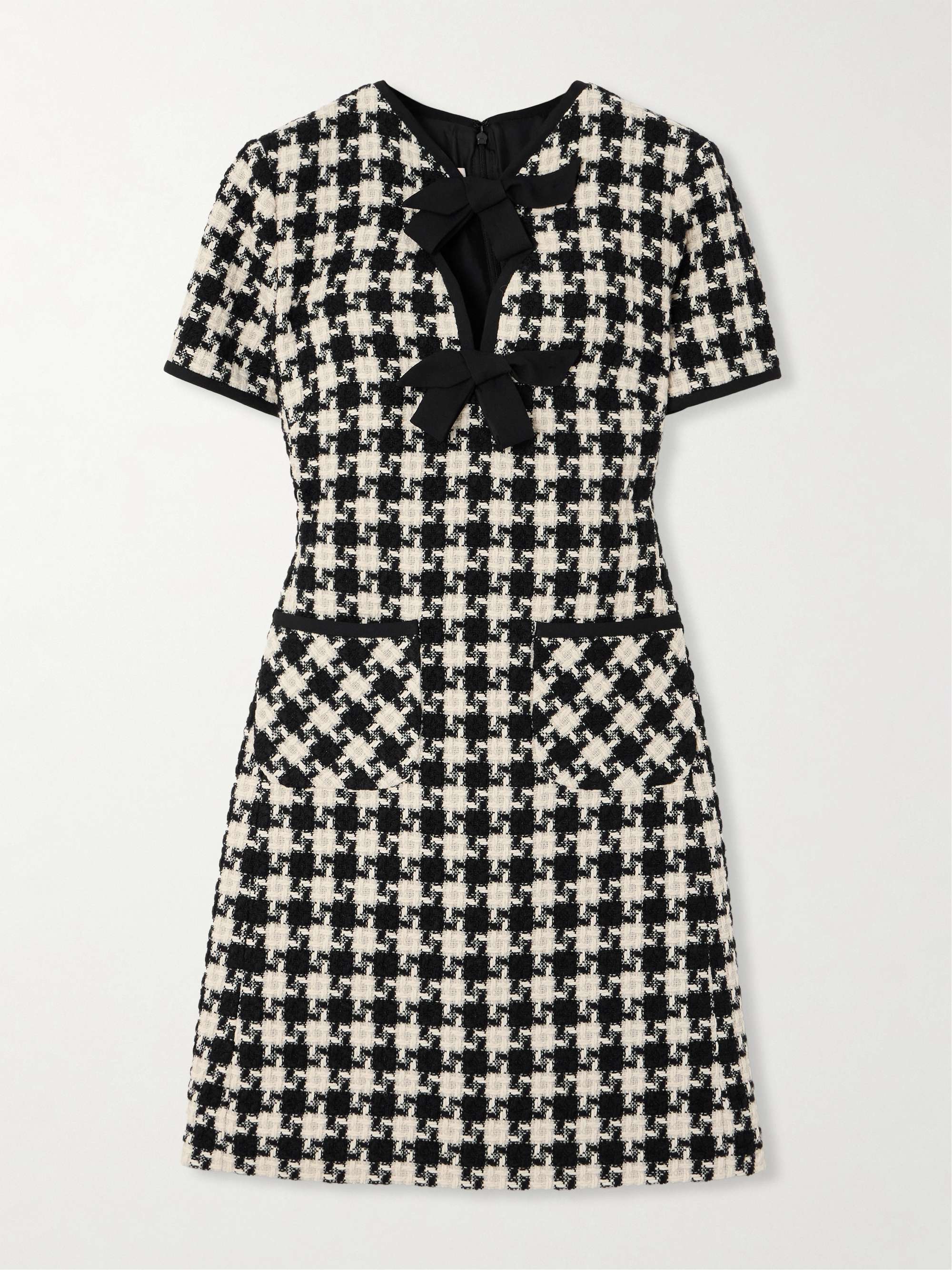 Bow-embellished crepe-trimmed checked tweed mini dress view