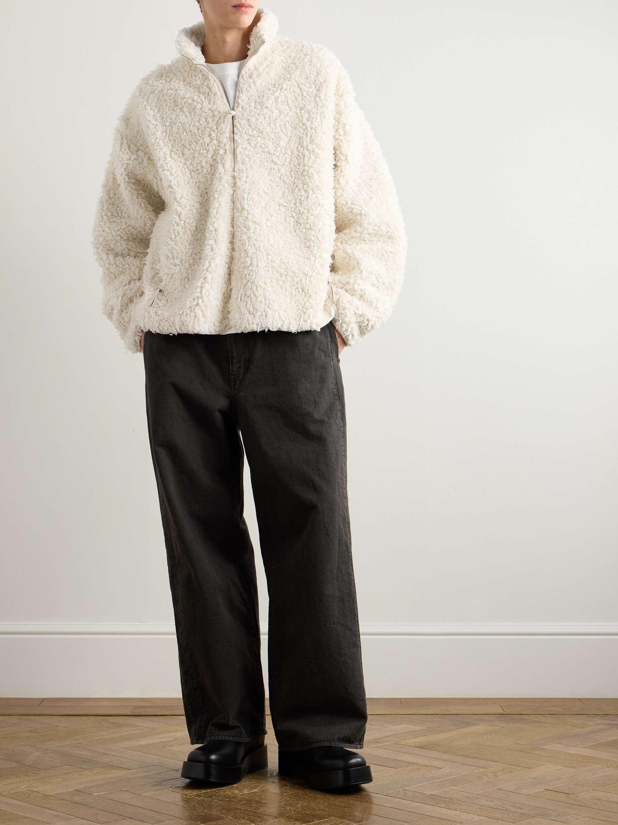 Leather-Trimmed Cotton-Fleece Jacket view