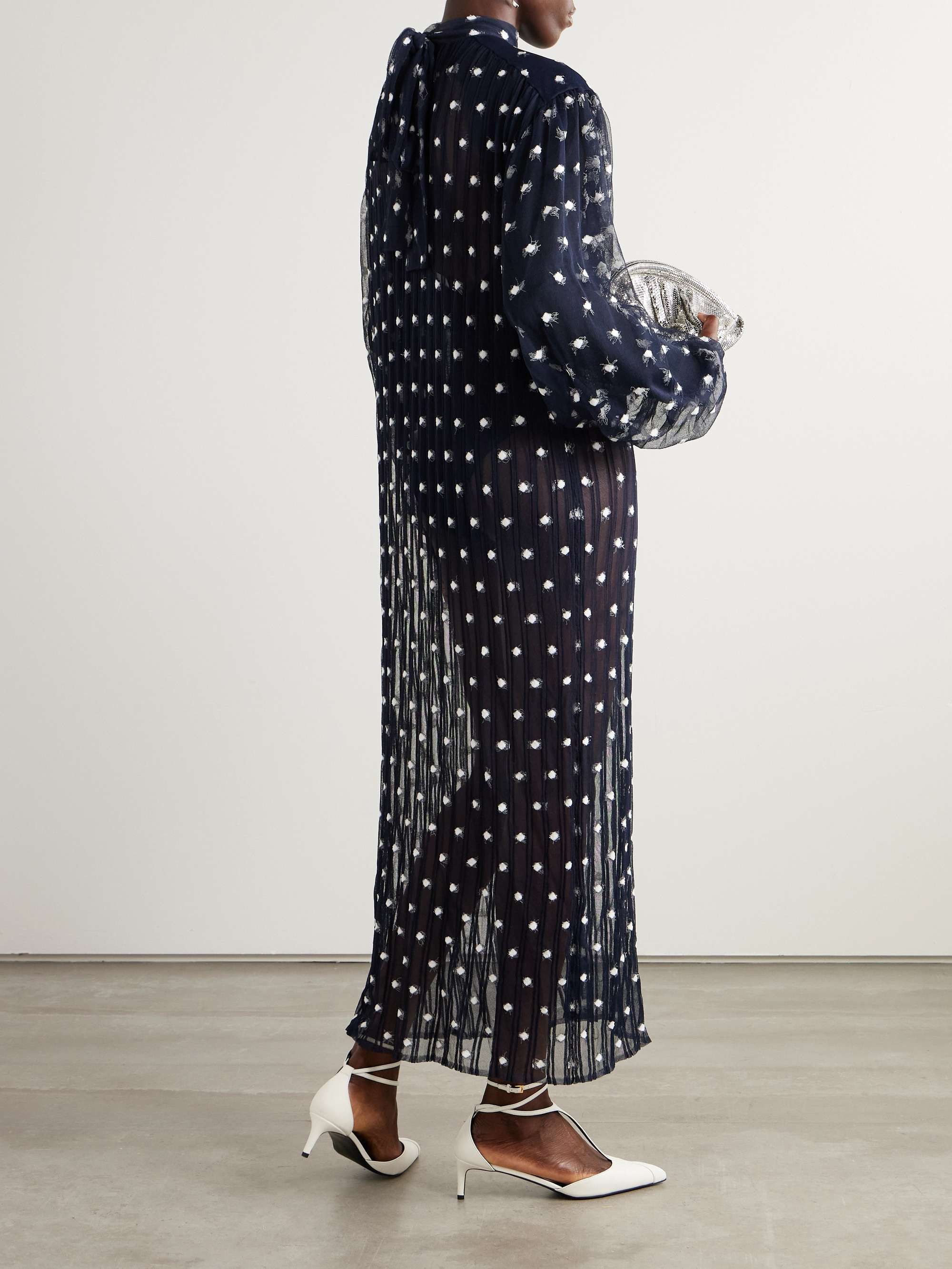 Polka-dot chiffon-trimmed ribbed-knit midi dress view