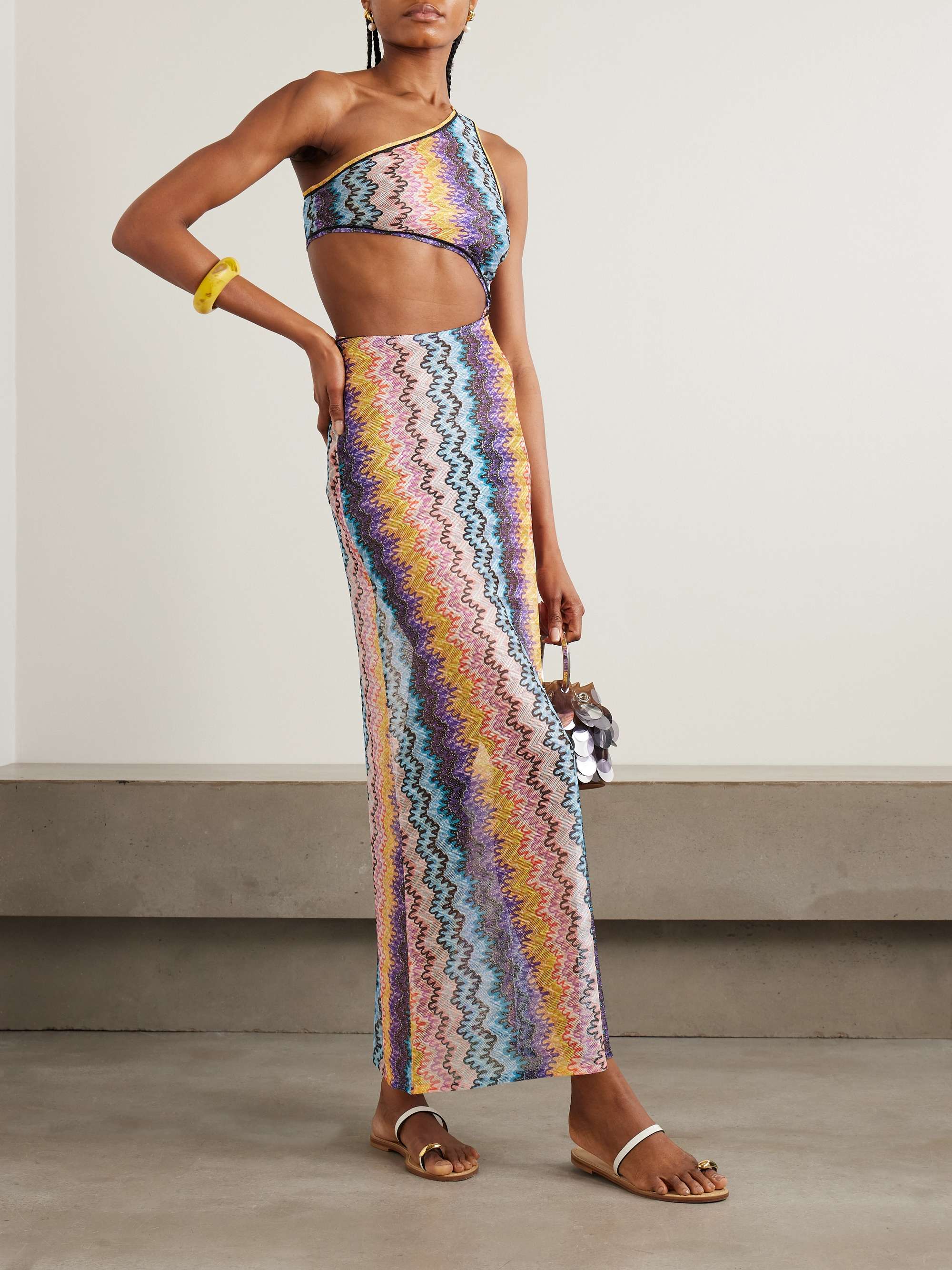 One-shoulder cutout printed mesh maxi dress view