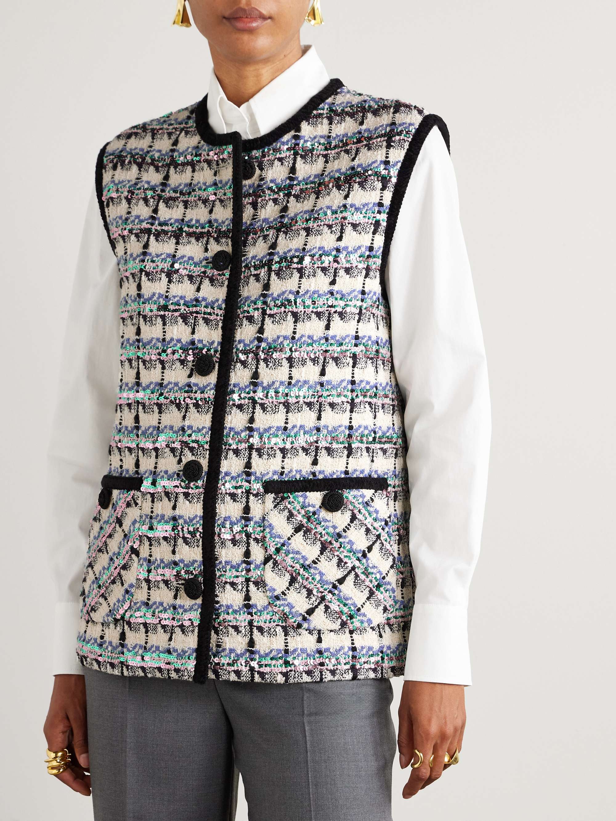 Sequined checked tweed gilet view