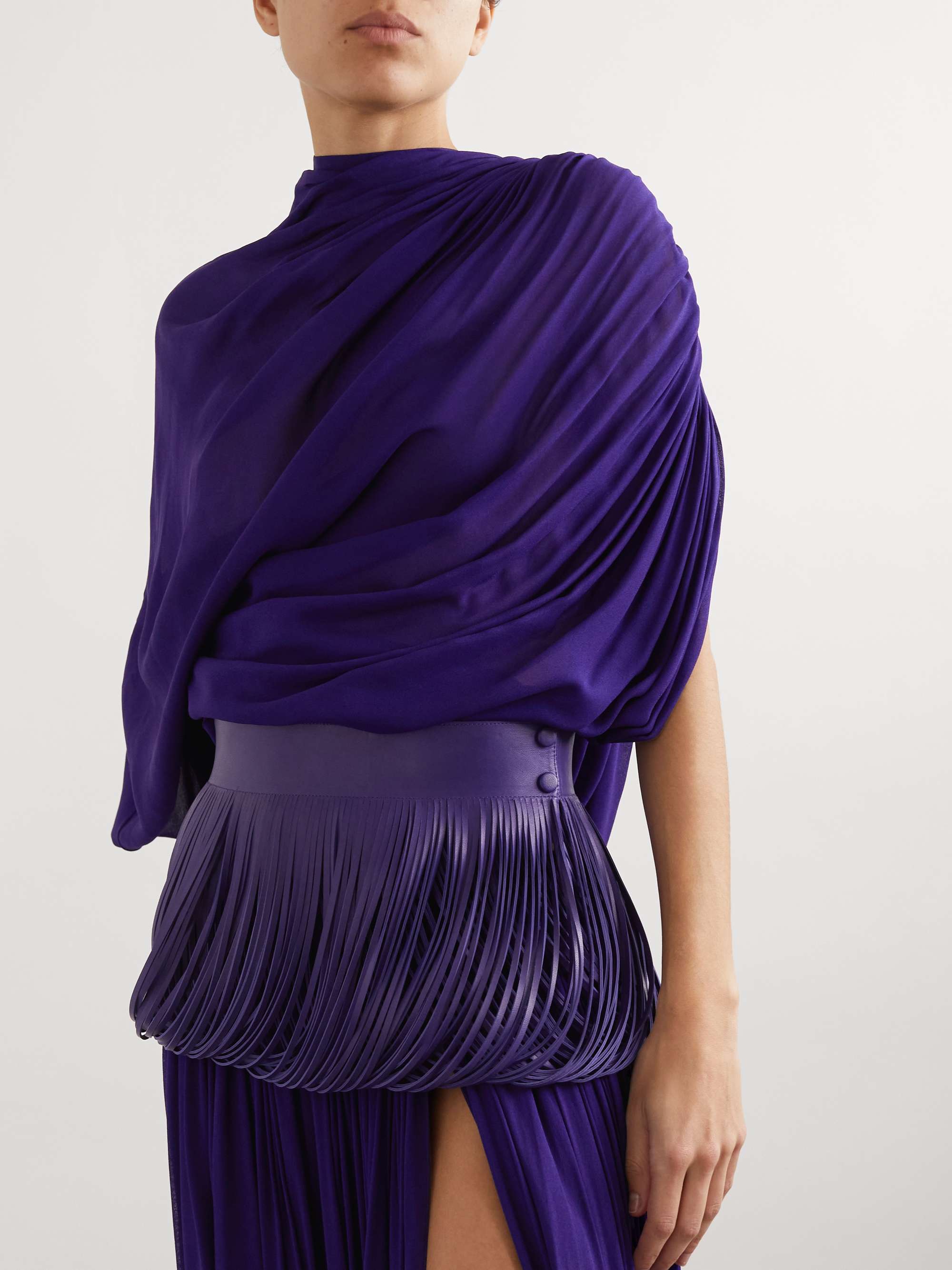 Asymmetric gathered draped georgette top view