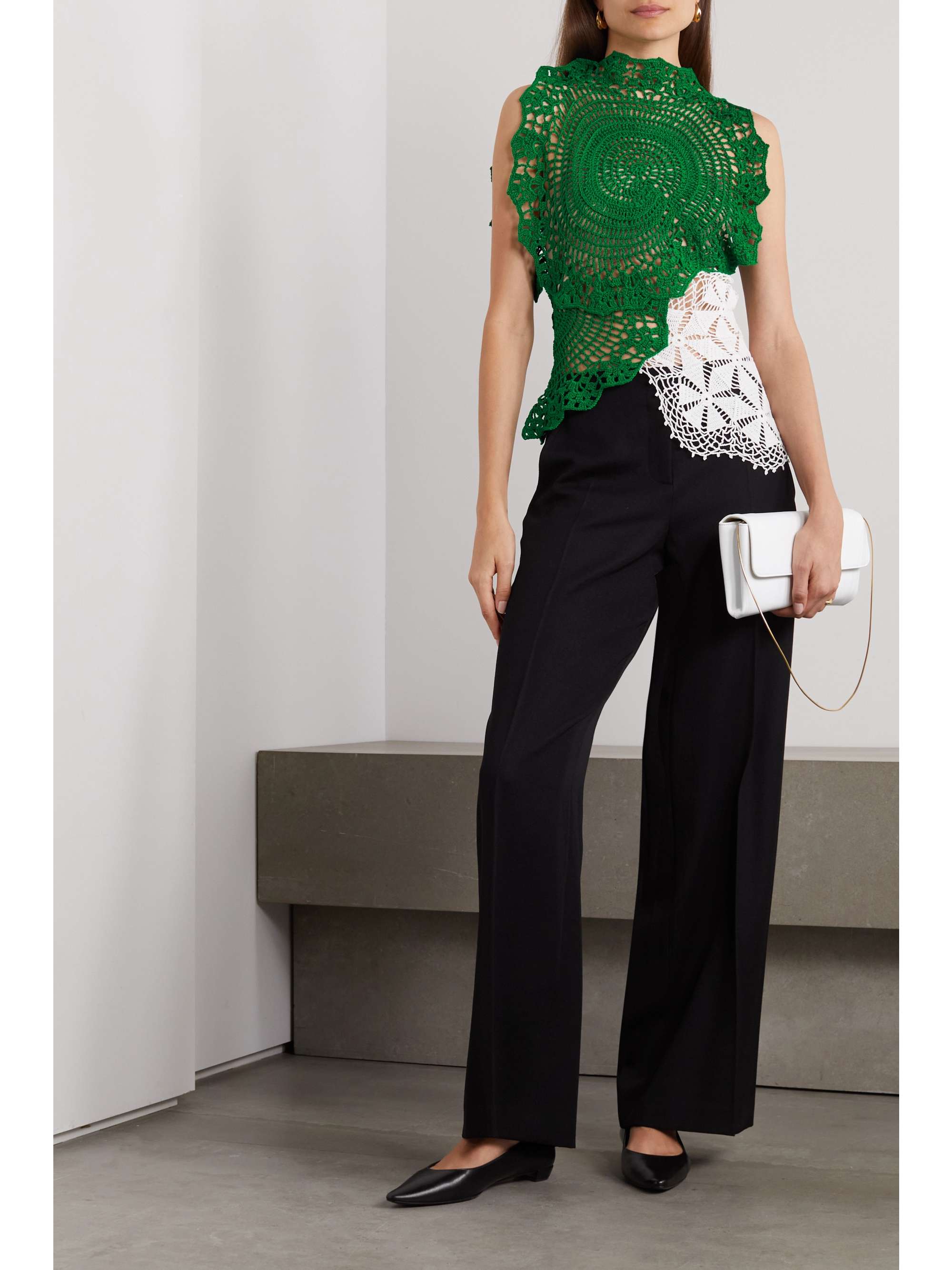 Christa asymmetric two-tone crocheted cotton top view