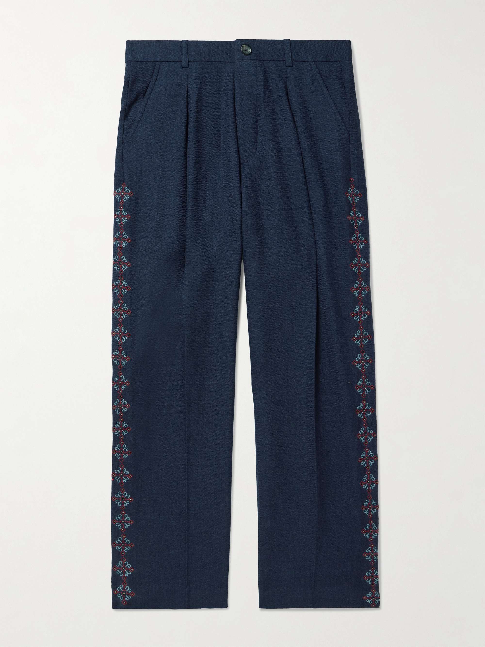 Pleated Embroidered Wool Straight-Leg Trousers view