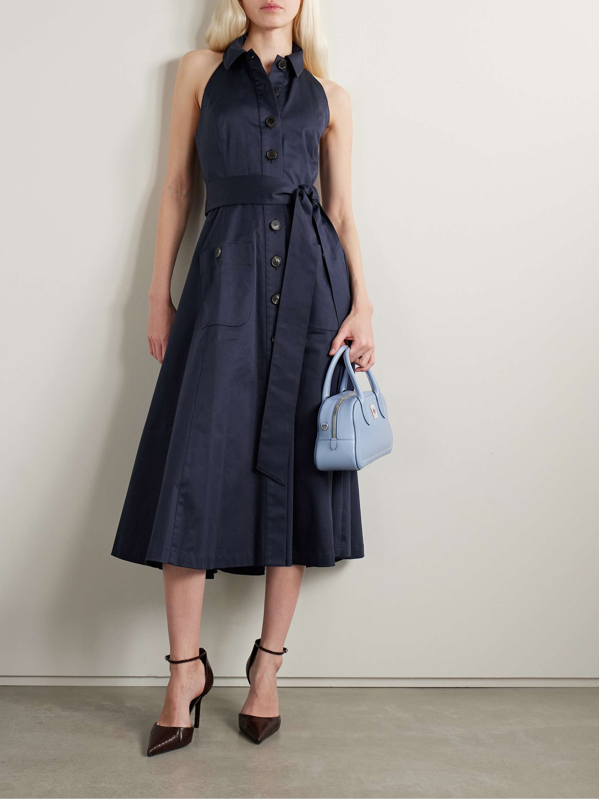 Belted cotton-blend sateen halterneck midi shirt dress view