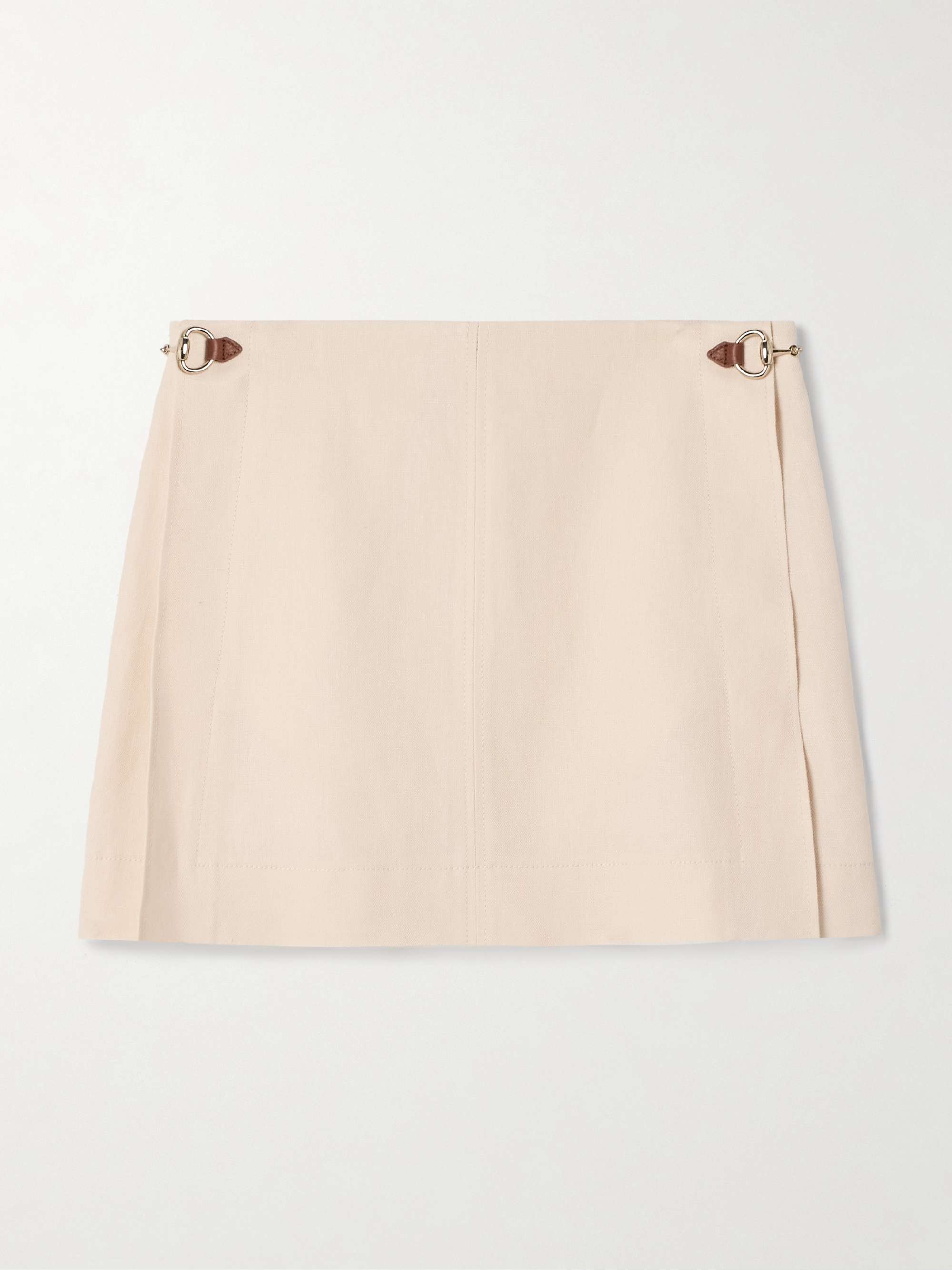 Wrap-effect horsebit-detailed leather-trimmed linen mini skirt view