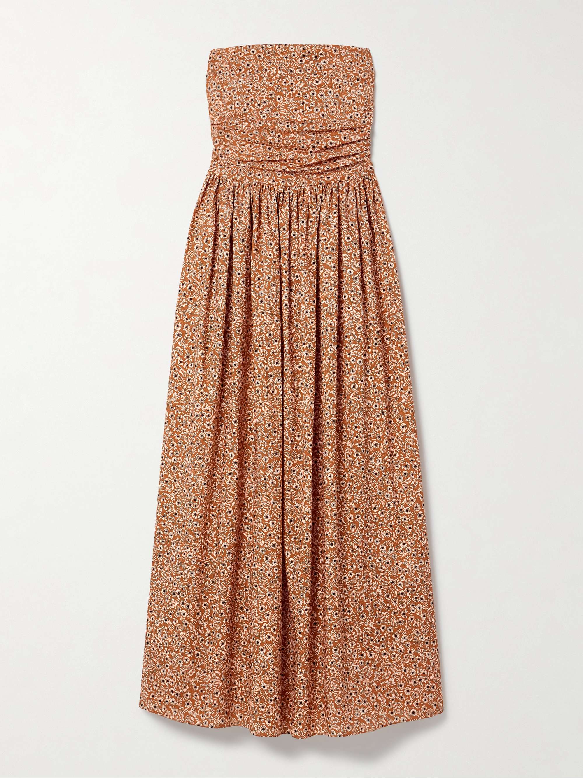 Strapless floral-print gathered organic cotton-poplin midi dress view